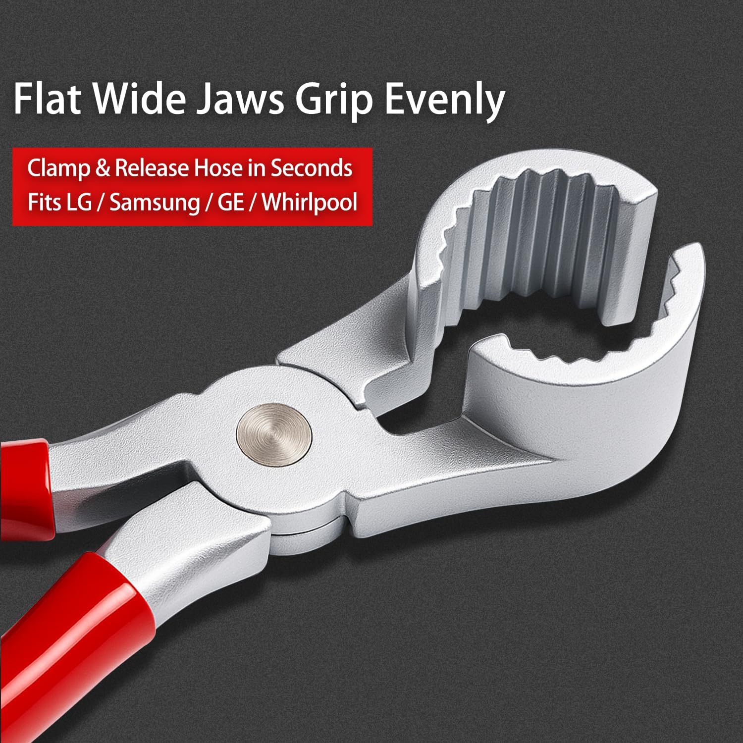 THP-1 Washer Hose Pliers for 20001120, Washing Machine Hose Tool | Zinc alloy construction with red non-slip handle fits 7/8"-1 7/8" hose connections for easy clamp removal and installation.