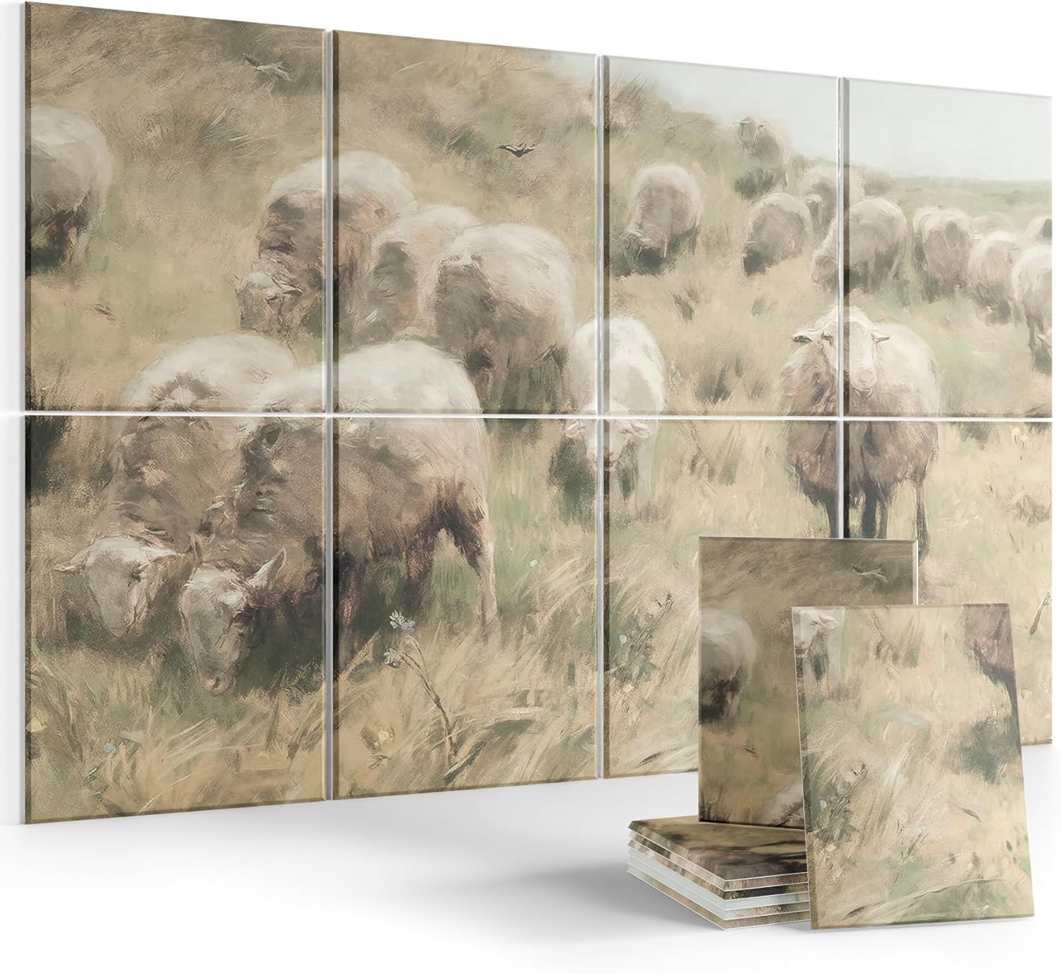 Wall Art Acoustic Panels,35''X24''Sound Absorbing Panels-8-Pack with 50 Adhesive Tabs, Decorative Sound Absorbing Panels for Living Room and Recording Studio, Offices-Hillside sheep