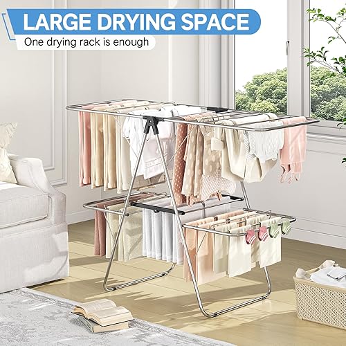 Miniatura 6 de APEXCHASER Tendedero de secado de ropa con 4 alas, de acero inoxidable, con altura ajustable, plegable, para uso en interiores y exteriores, sin