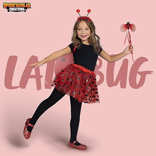 Miniatura 2 de Spooktacular Creations Conjunto de disfraz de mariquita roja con tutú, alas de mariposa, varita mágica, diadema, tutú de mariquita de lunares para