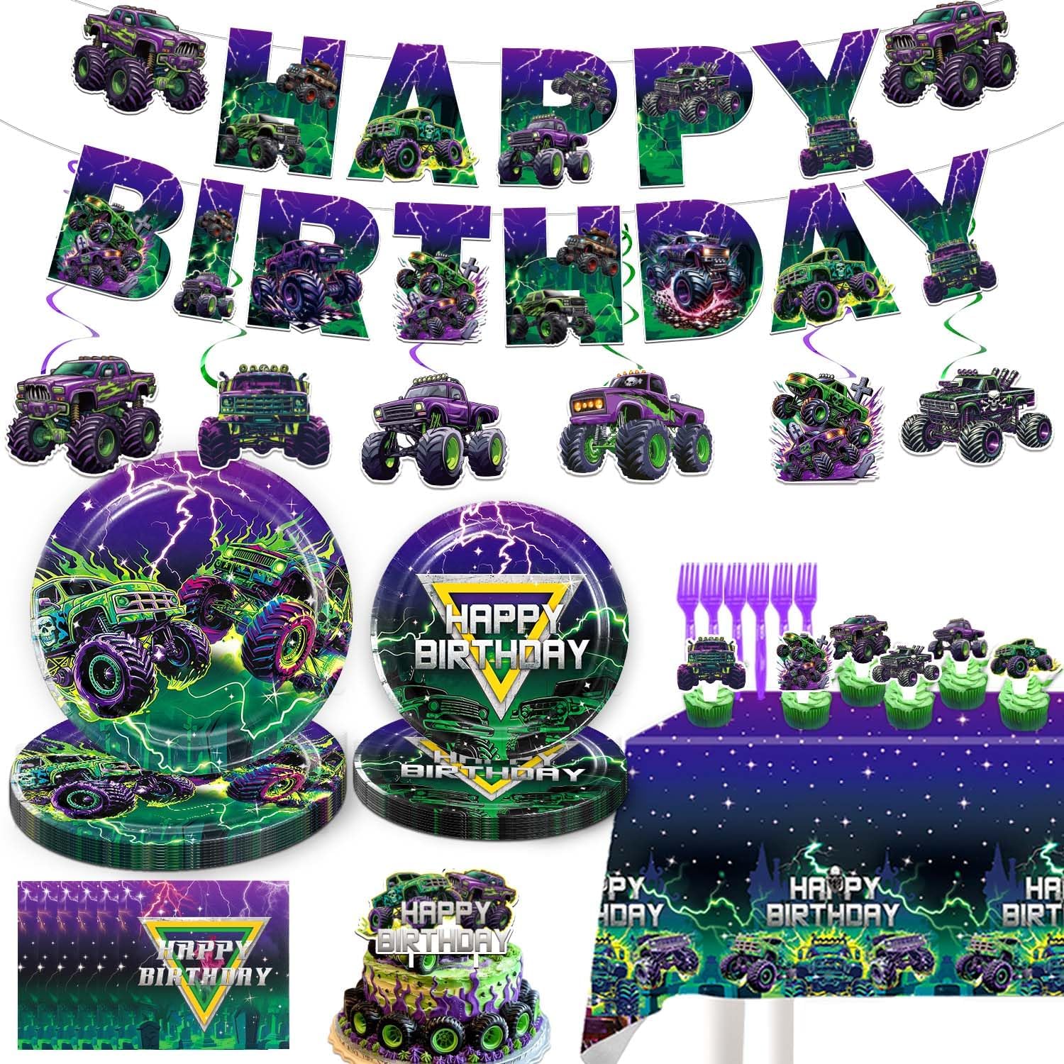 Monster Truck Birthday Decorations，Monster Truck Plates And Napkins，Monster Truck Party decorations，Include ,Banner，Monster Truck Hanging Swirls, Cake Toppers，Plates，Napkins，Tableware, Tablecloth