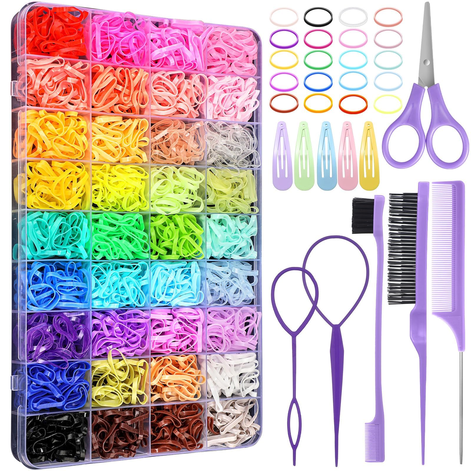 36 Colors Hair Rubber Bands for Hair, 2500 Pcs Elastic Hair Bands with 11 Hair Styling Tools, Colorful Elastic Hair Ties Toddler Hair Accessories for Girls Kids Multicolor