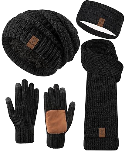 Women Beanie Scarf Gloves Headband Set, Winter Fleece Lined Hat