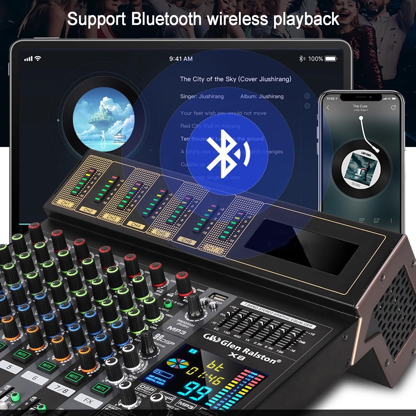 12-kanałowa płyta miksera audio, konsola dźwiękowa miksera DJ, z 99 efektami DSP/7-pasmowym EQ, Bluetooth, interfejsem USB, zasilanie fantomowe 48 V, do podcastów, muzyki, nagrywania, PC