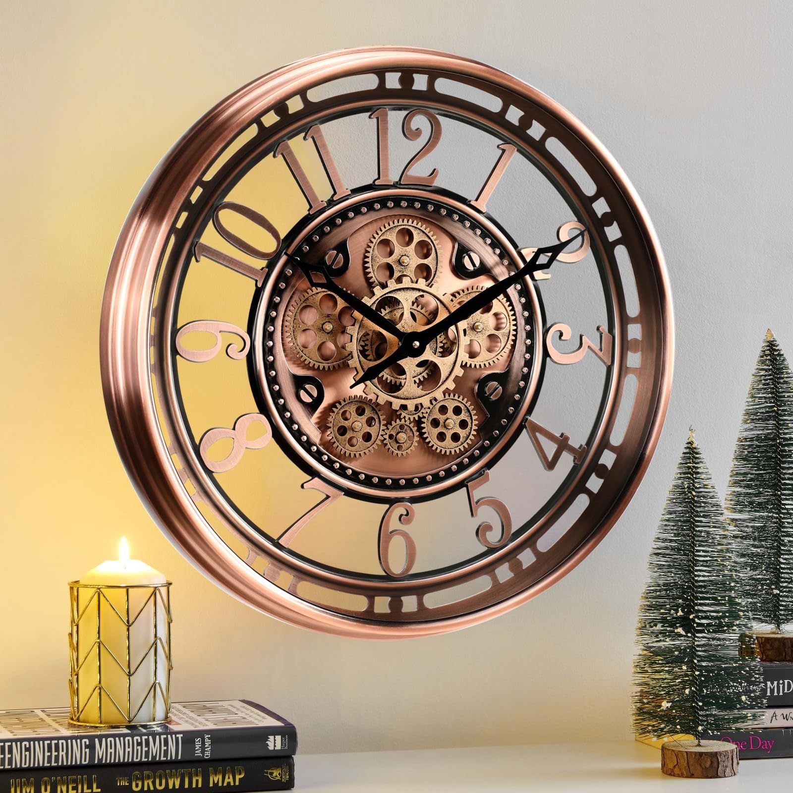 CLXEAST 21 Inch Moving Gear Wall Clock for Modern Farmhouse Living Room Decor,Large Industrial Steampunk Wall Clock for Home Office,Metal Copper