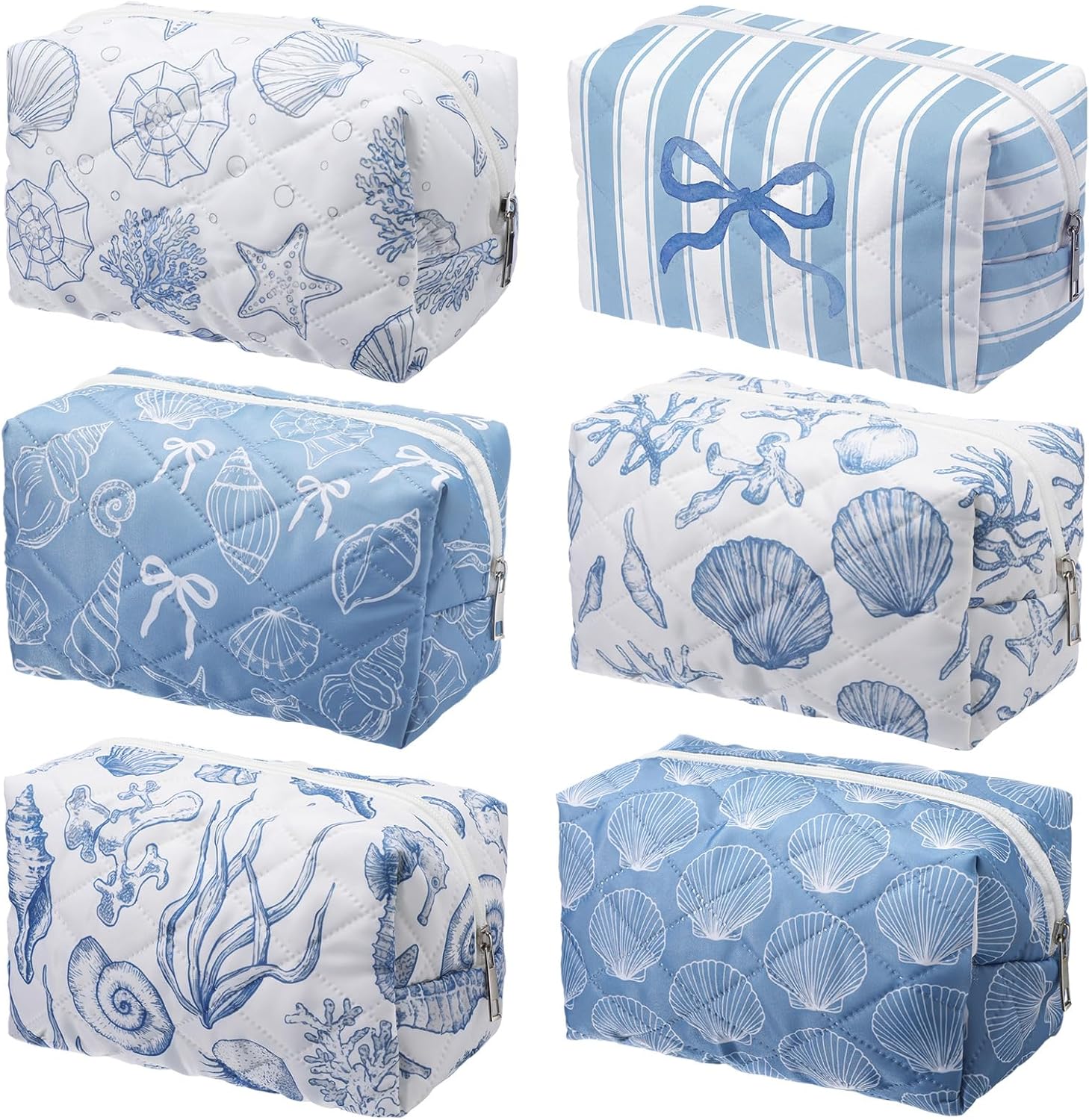 Hillban 6 Pcs Ocean Quilted Cosmetic Bags Coastal Themed Gifts Ocean Aesthetic Essential Makeup Bags Starfish Coral Seashell Beach Kit for Women Travel Vacation Accessories(Seashell)