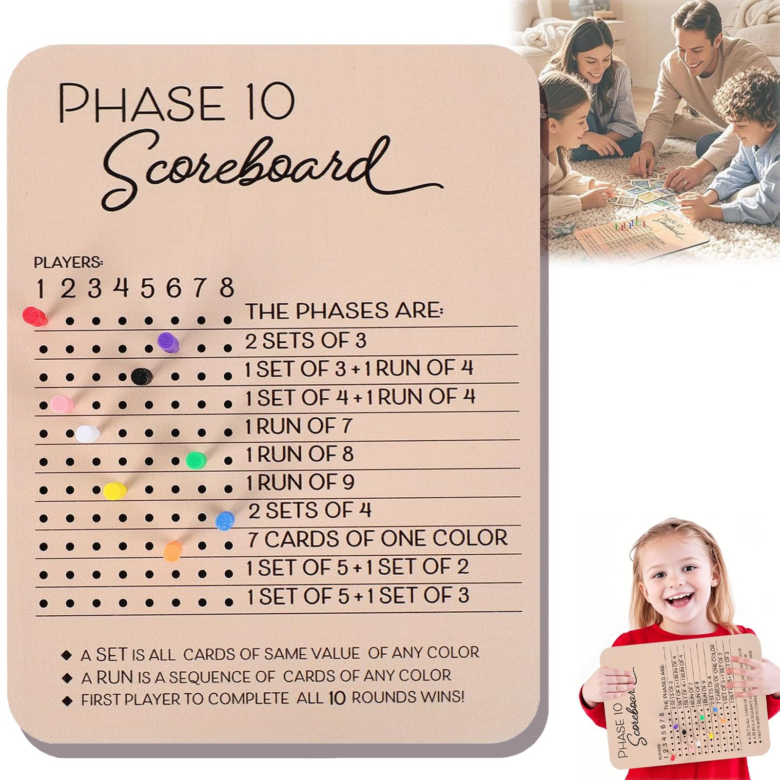 Generic Phase 10 Score Board, 2025 New Wooden Score Sheets with 8 Colored Pegs for Phase 10 Card Game, Classic Family Adults Board Card Games Night Table ScoreBoards