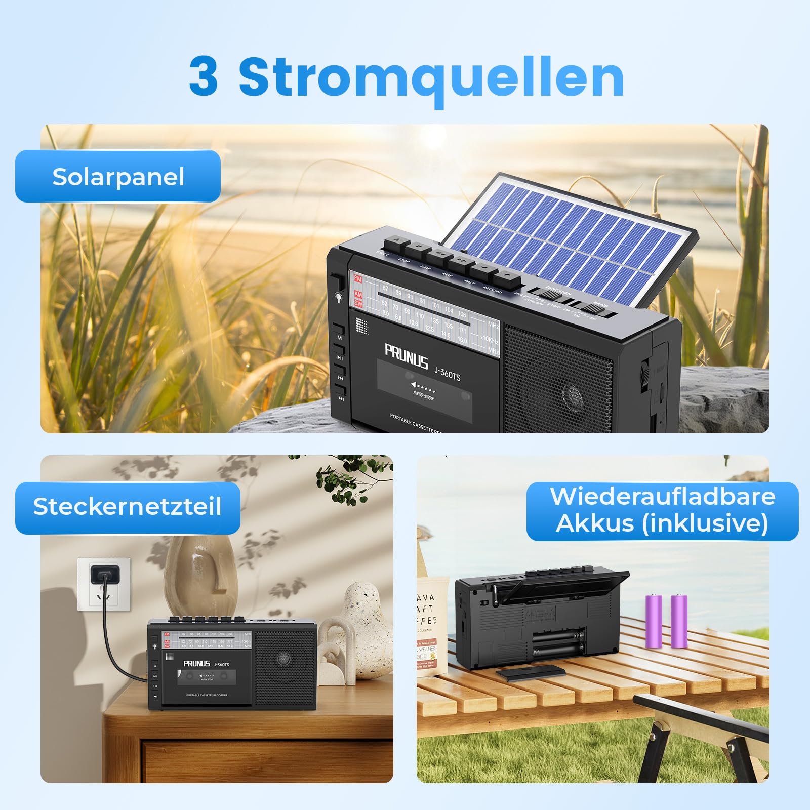 PRUNUS J-360 Tragbare Kassettenspieler mit Bluetooth, AM/FM Kassettenradio mit Akku & Solarpanel, Kleines Radio kassettenrekorder mit Kopfhöreranschluss, TF/USB-Laufwerk.