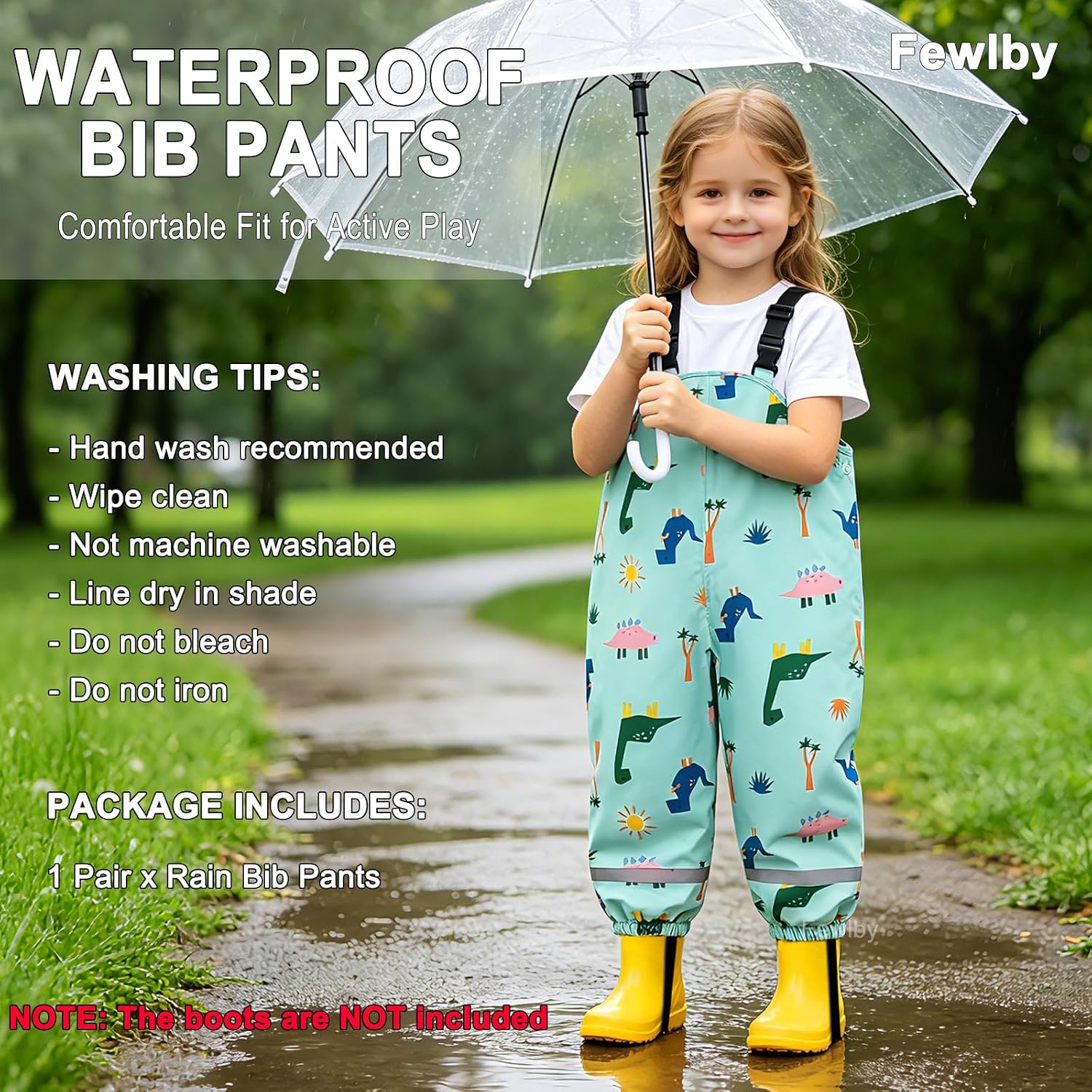 Toddlers Waterproof Rain Bib Pants, Boys Girls Rain Pants Kids Cartoon Rain Trousers Lightweight Mud Pants Rainwear