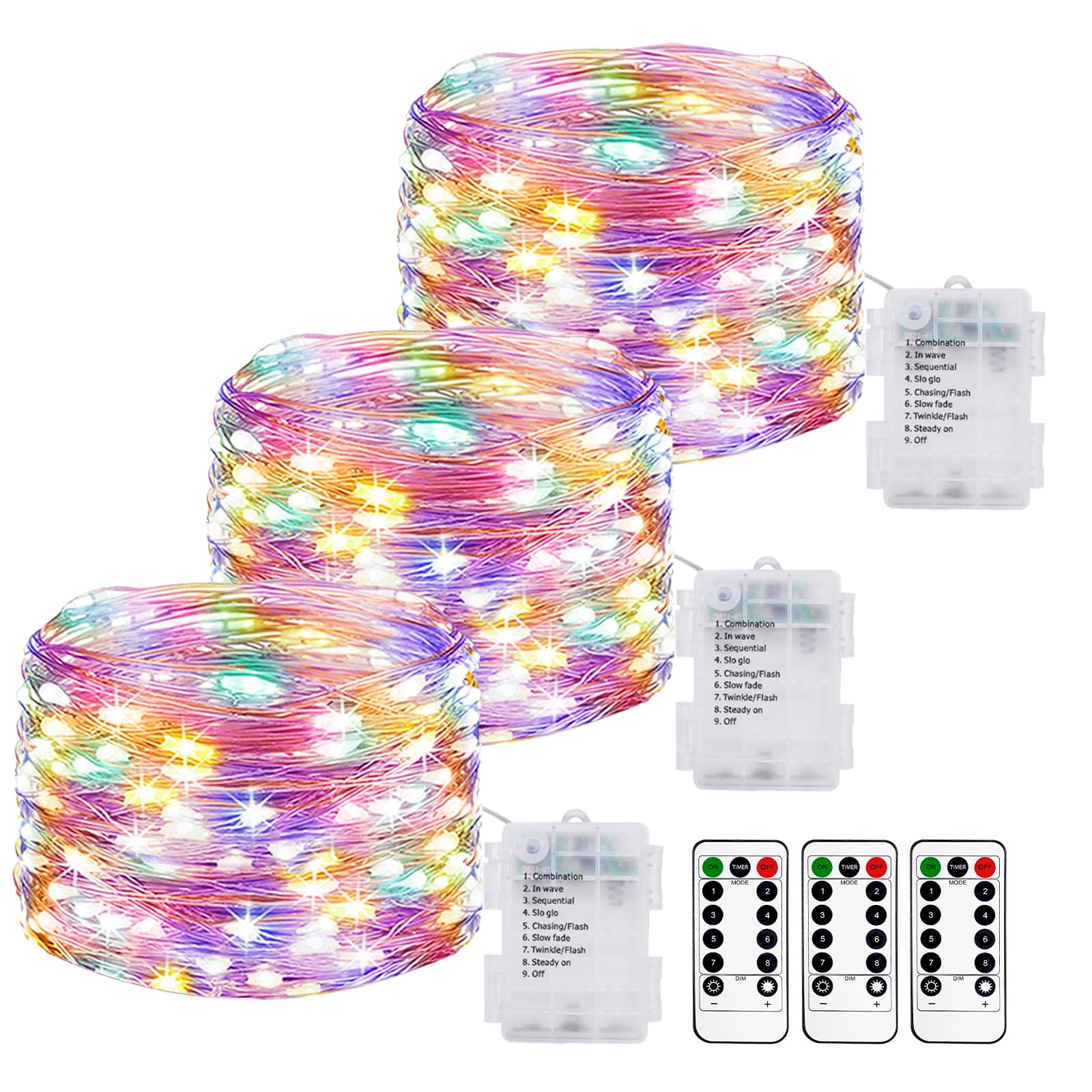 litogo3 Pack 33 FT 100 LED Colored Fairy Lights Battery Operated with Remote and Timer, IP65 Waterproof Twinkle Light Battery Powered 8 Mode Multicolor String Light for Indoor Outdoor Christmas Decor