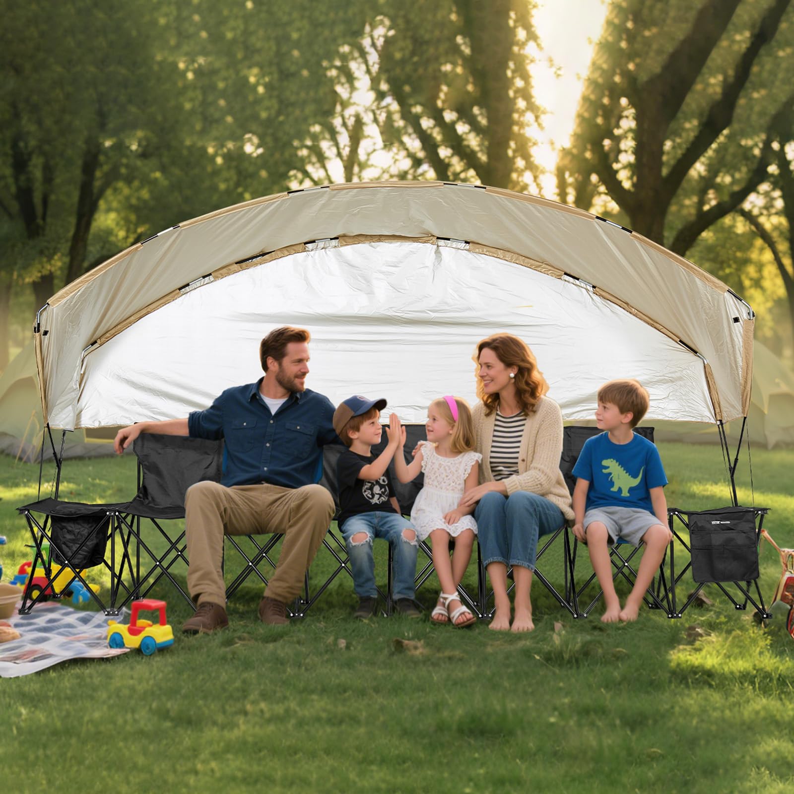 VEVOR Banc Pliant Portable à 6 Places, Banc de Camping Pliable avec Poches de Rangement, Porte-gobelets et Sac de Transport, siège latéral léger avec Pare-Soleil pour Football et Baseball, Noir