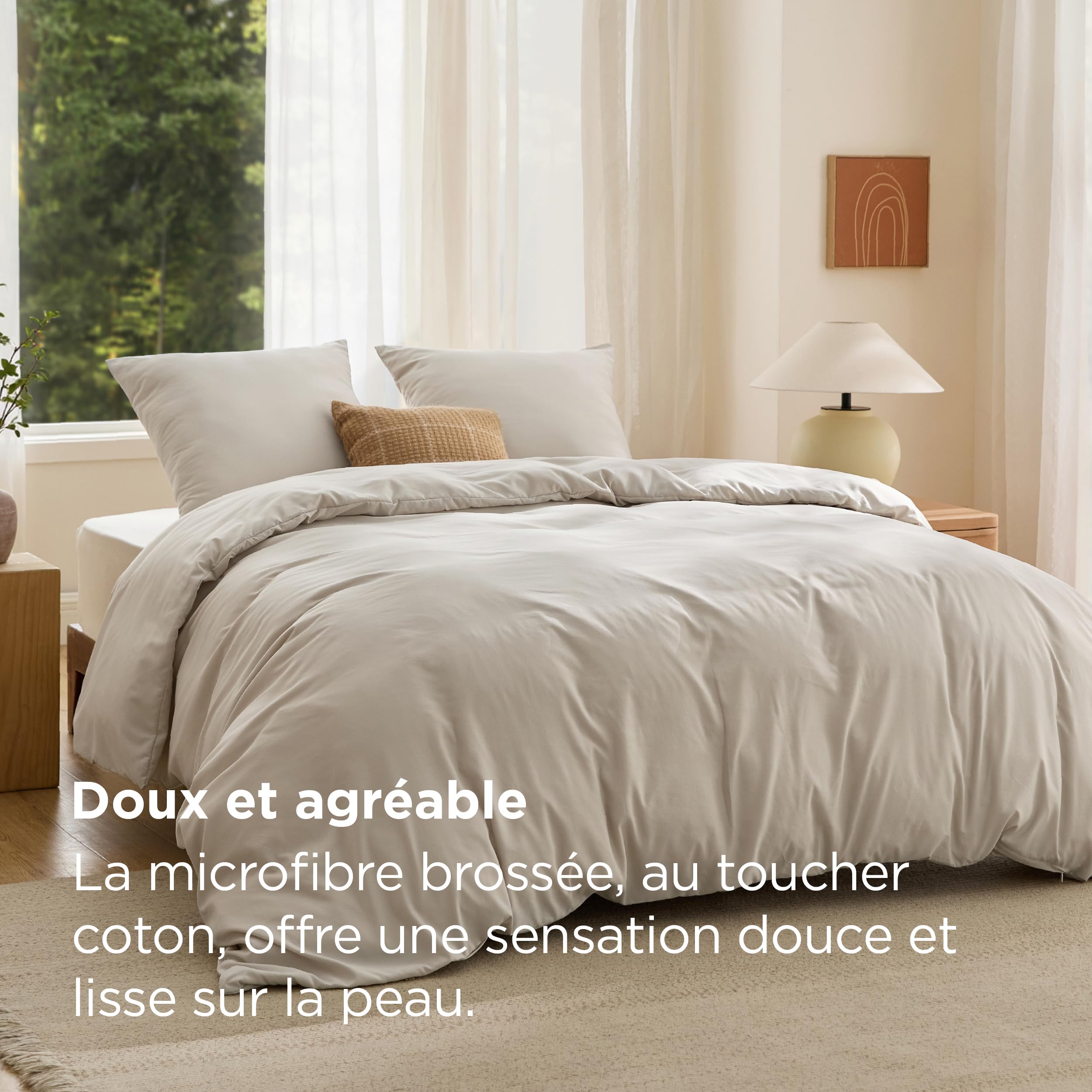 BEDSURE Juego de ropa de cama 240x220 de lino 3 piezas - 1 funda de edredón 240x220 cm + 2 fundas de almohada 65x65 cm, juego de ropa de cama de poliéster beige de microfibra con cremallera OEKO-TEX