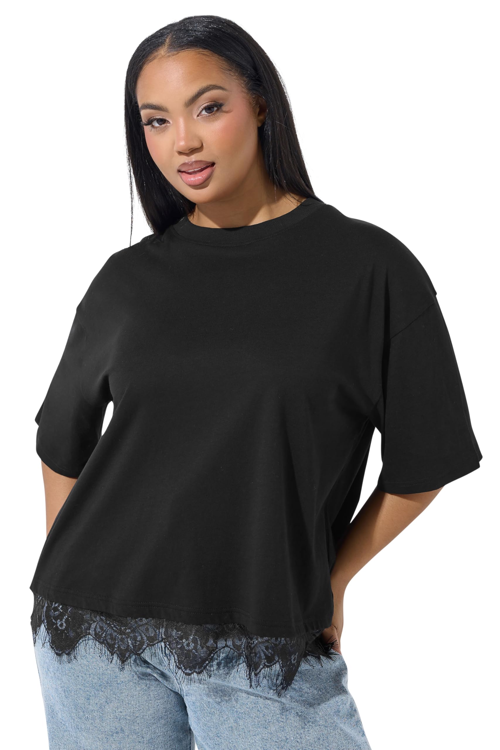 Yours Women's Cotton T-Shirt - Black - Size 22-24 - Lace Hem Detail