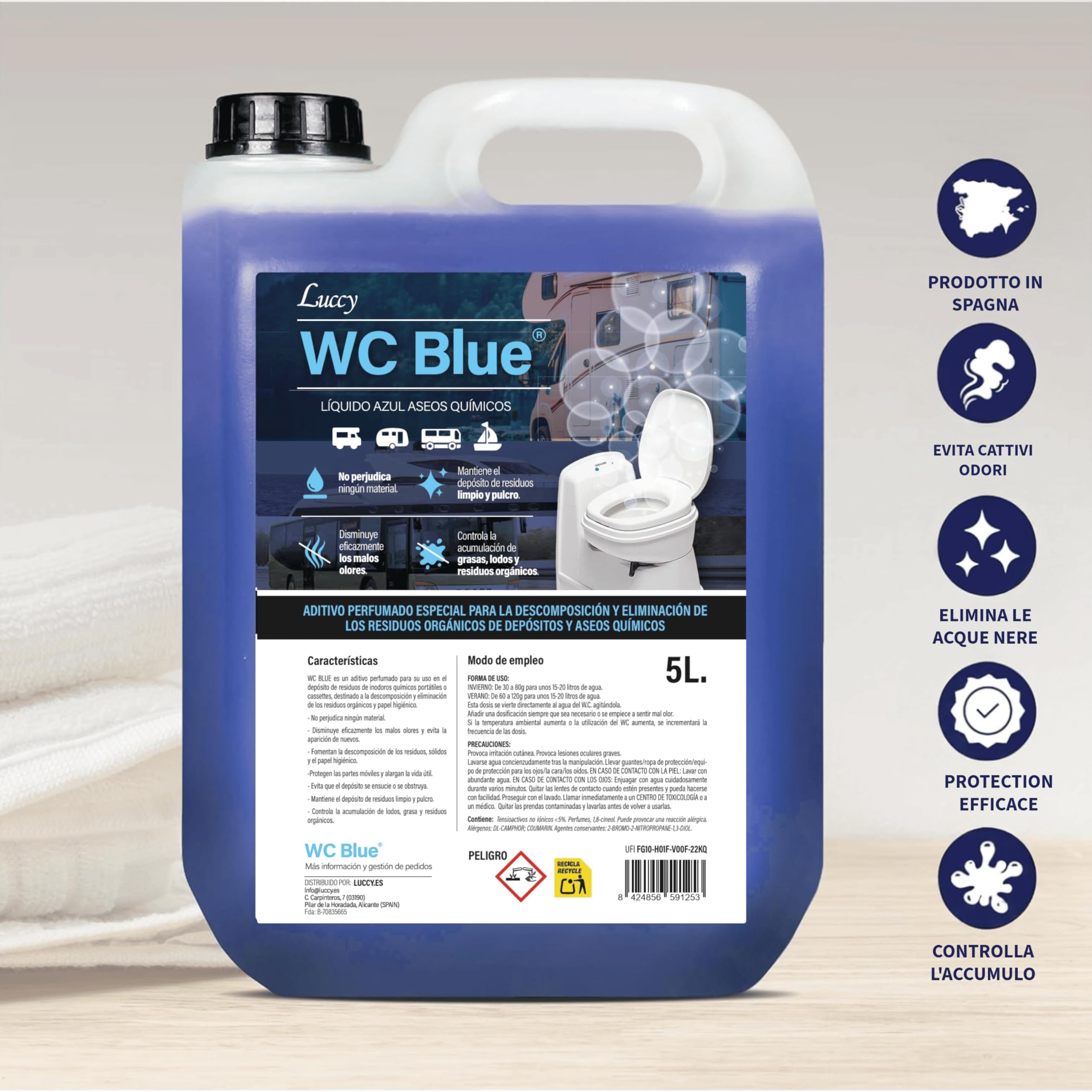 LUCCY WC Blu 20 Litri | Liquido per WC Chimico e Acque Nere | Additivo per Serbatoio di Scarico Camper, Caravan e Roulotte | Controllo degli Odori e Decomposizione dei Rifiuti