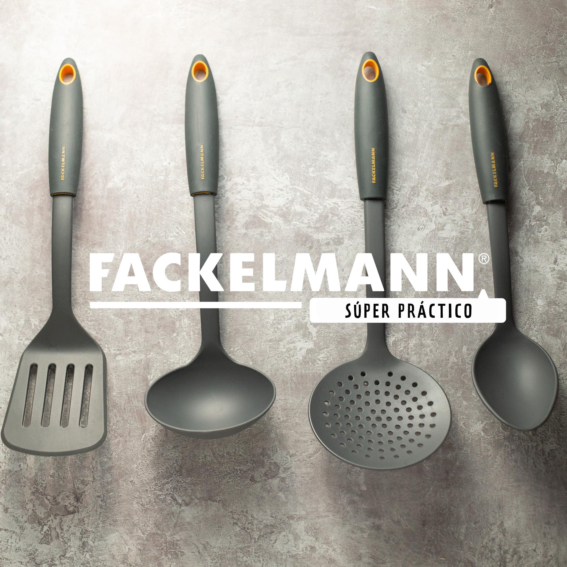 Fackelmann Espumadera Soft de Nylon para Fritos con Mango Antideslizante, Apto para Sartenes y Ollas con Recubrimiento Antiadherente, Color Gris y Naranja, 32X10,5 cm, 1 ud.