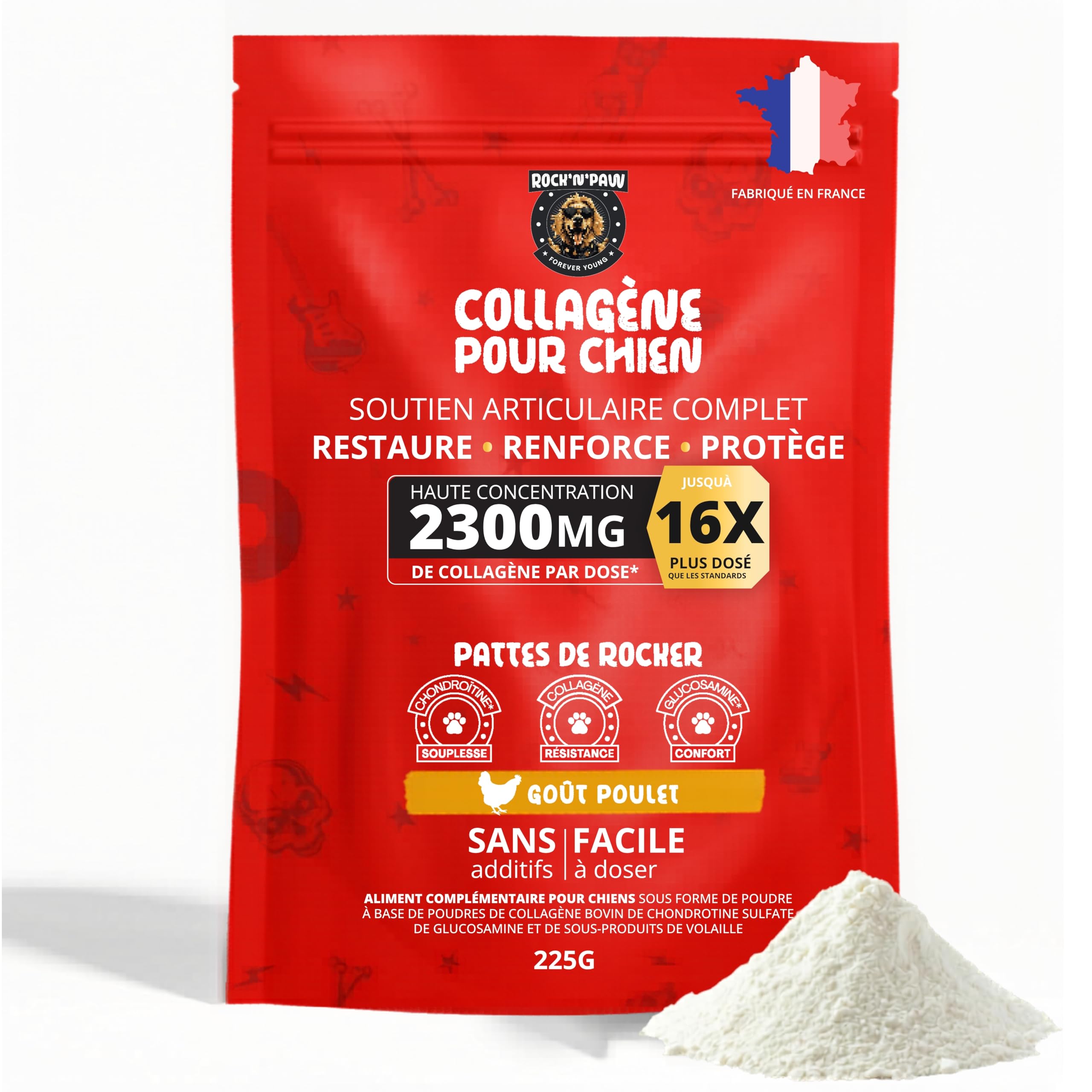 Rock & Paw | Collagène Chien 2300mg Haute Concentration | Articulations & Arthrose Chien | Glucosamine, Chondroïtine | Idéal Grands Chiens | Poudre Poulet | Fabriqué en France | 225g