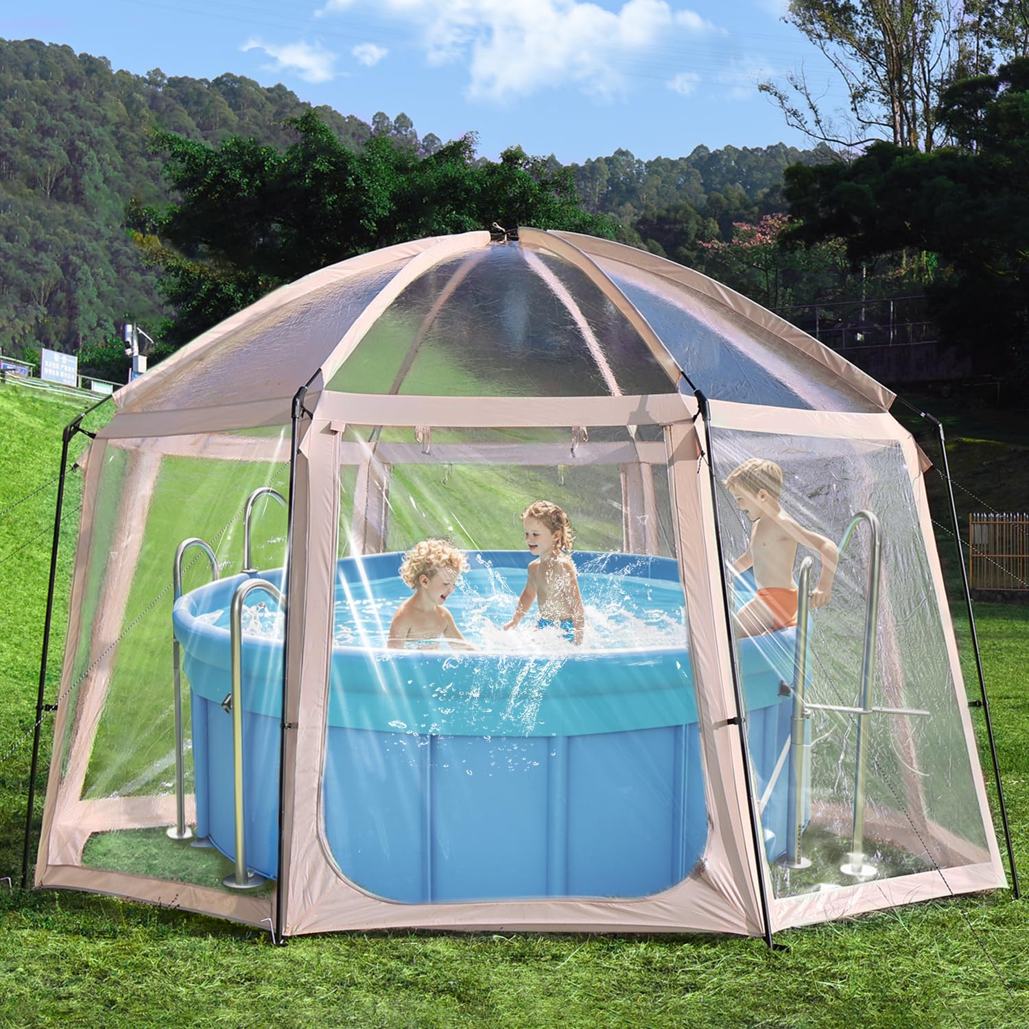 Pool Überdachung, Pooldach Für Pools bis Ø 305 cm, 2 IN 1 Whirlpool Überdachung und Bubble Zelt, Poolabdeckung Rund -100% Blätterfall Verhindern und Sonnenschutz, Pool Pavillon, 400 x 400 x 250 cm.