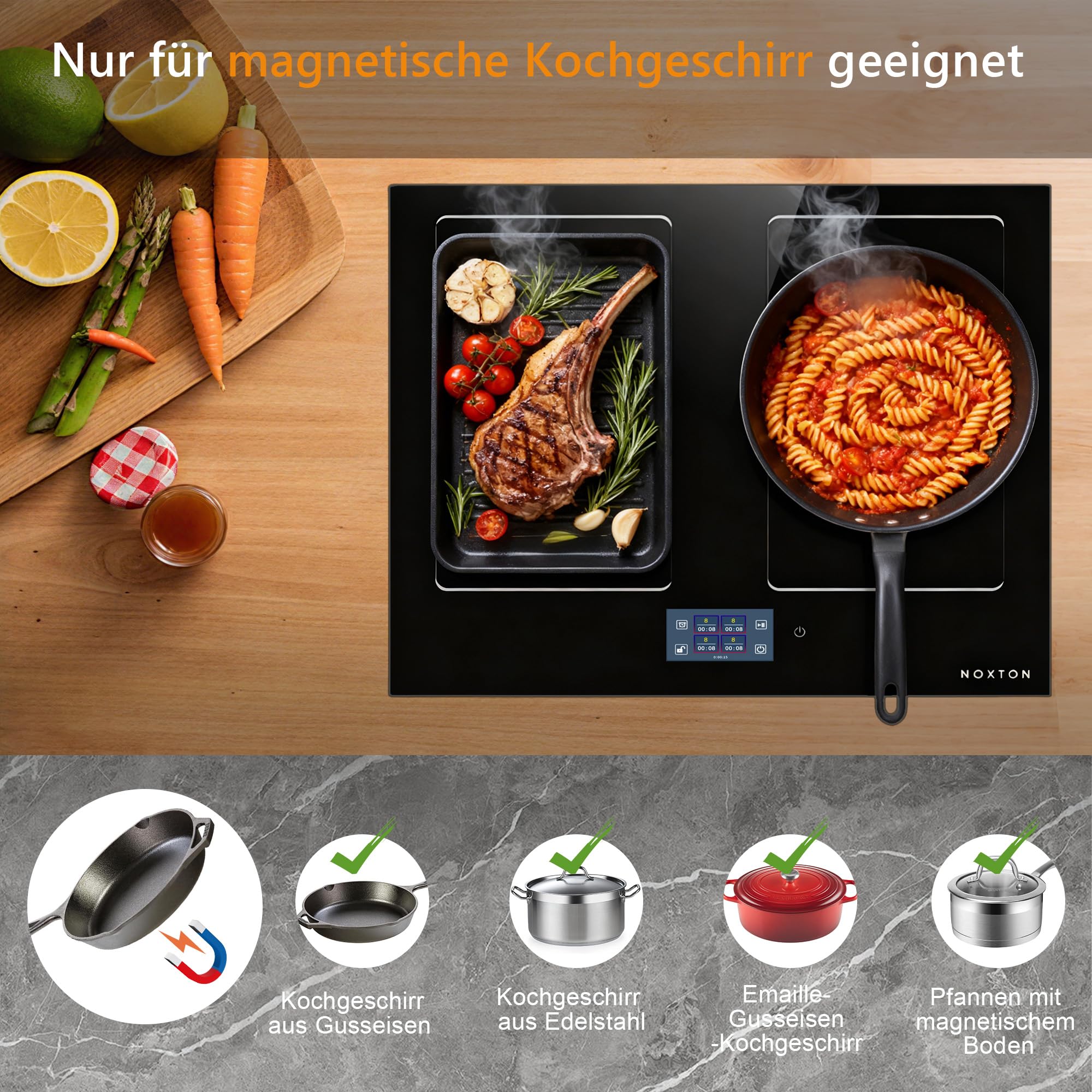 Induktionskochfeld 60cm 4 Platten, Induktion Einbau mit 2 Flexzonen, 7200W | Induktionsfeld Einbau mit 2 Flexzonen, 9 Stufen, Autark Induktion Kochfeld mit Timer, Sicherheitsschloss, 220-240V