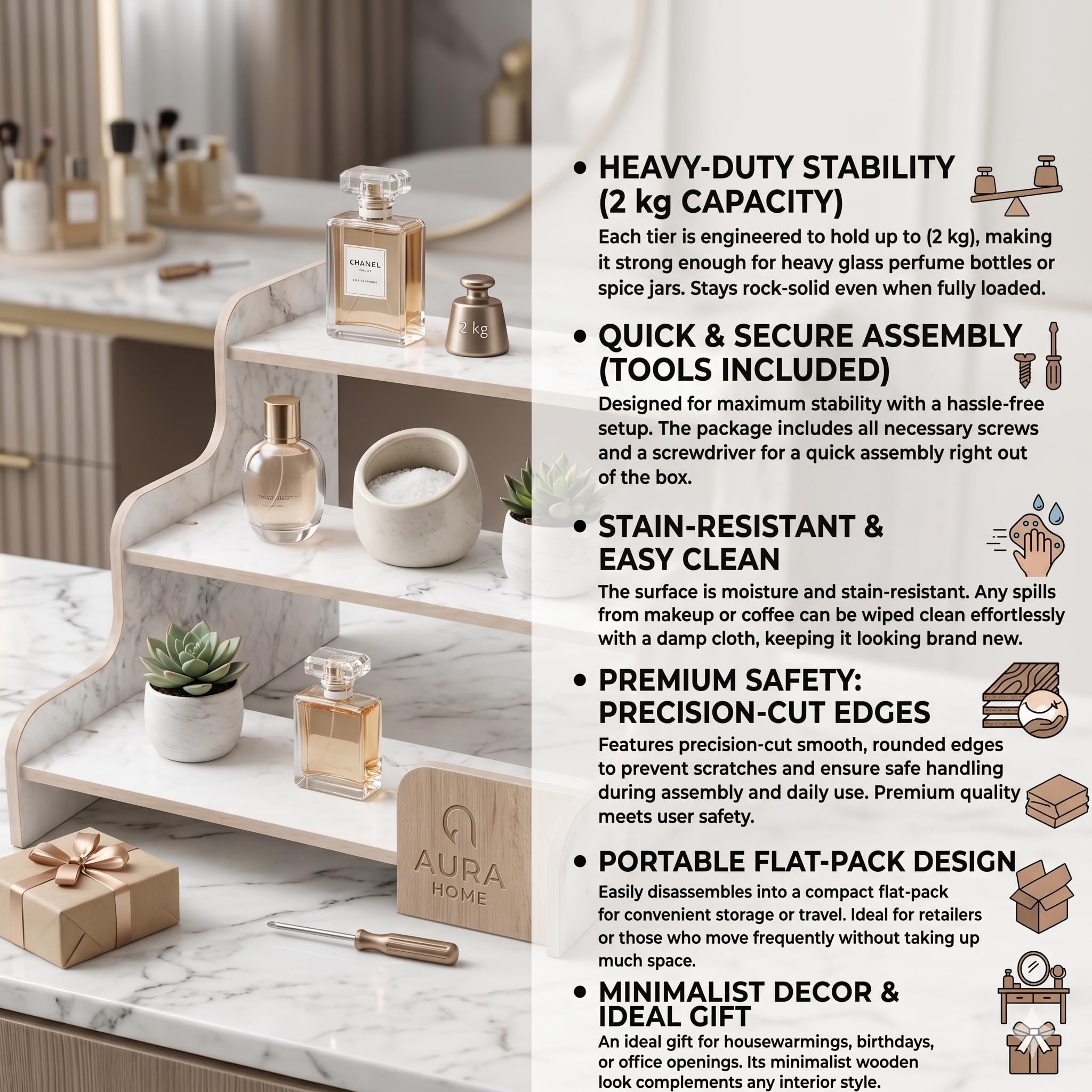 Privla 3 Tier Wooden Organizer Shelf | Multipurpose Countertop Storage Rack | Marble Finish Display Stand for Kitchen, Vanity, Office Desk & Home Decor | DIY Assemble Tool Kit Included (Pack of 1) 3