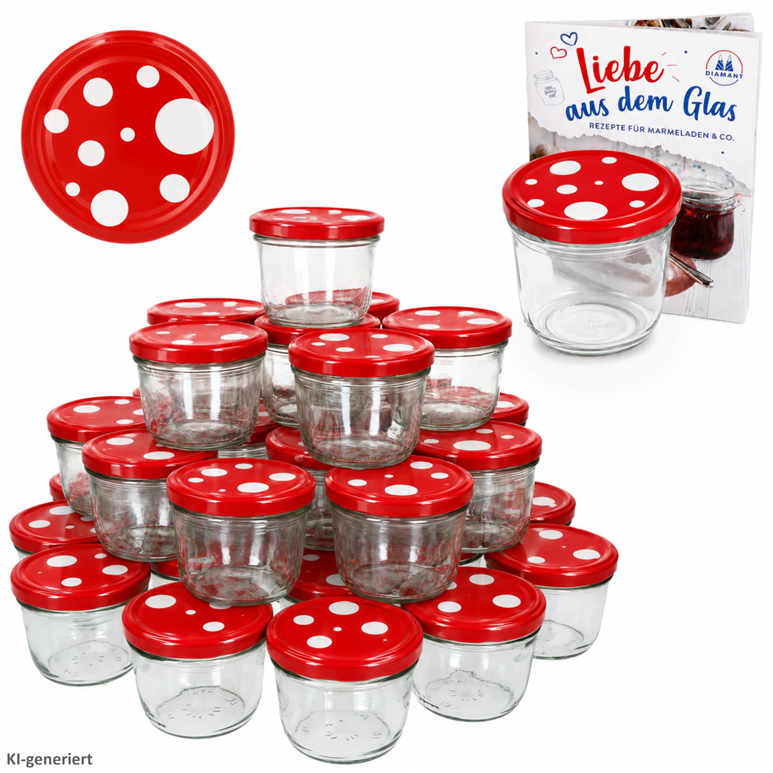 MamboCat 100er Set Sturzglas 230 ml To 82 Fliegenpilz Deckel rot weiß gepunktet incl. Diamant Gelierzauber Rezeptheft Marmeladenglas Einmachglas Einweckglas