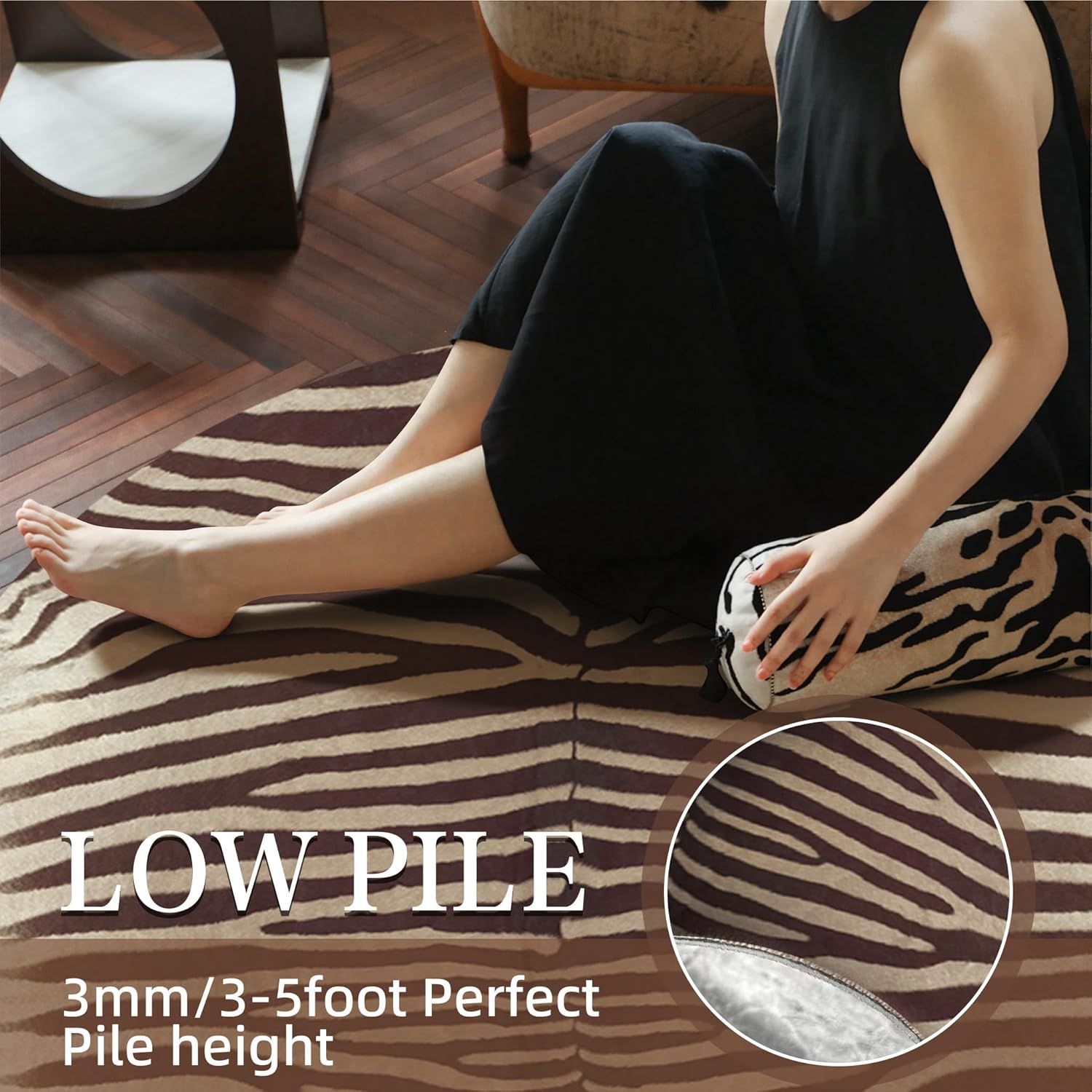 Taupe Brown Zebra Print Faux Cowhide Round Rug, 3x3 ft Ultra-Thin Rustic Cowhide Look Non-Slip Circle Mat for Modern Living Spaces, Western Home Decor