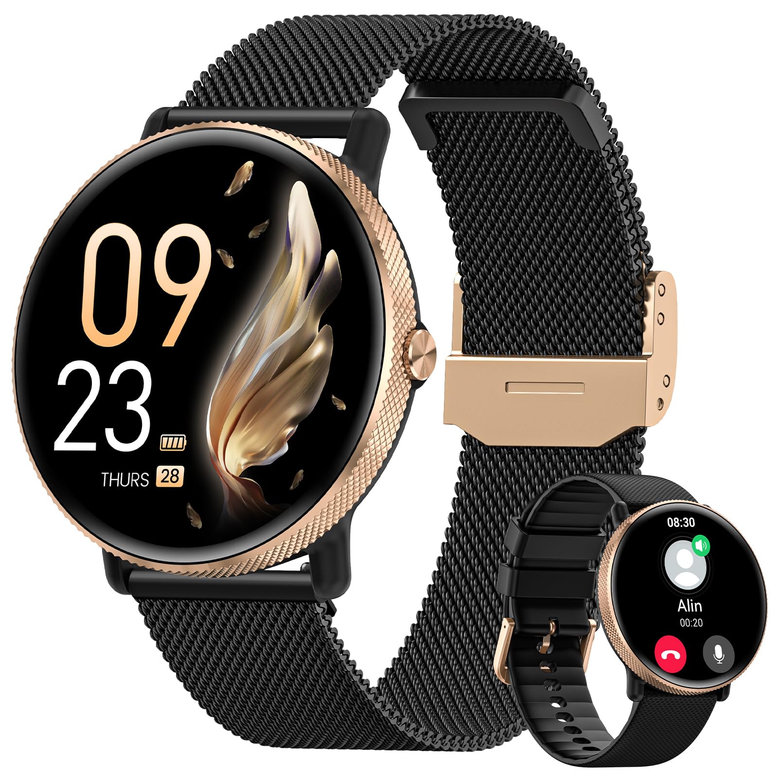 AKUMAKA 2024 Reloj Inteligente Mujer con Llamada, 1.39" AMOLED Smartwatch con 120+ Modos Deportes, Función Femenina, 24H Pulsómetro, SpO2, Sueño, IP68 Podómetro Whatsapp Caloría Android iOS NegroOro