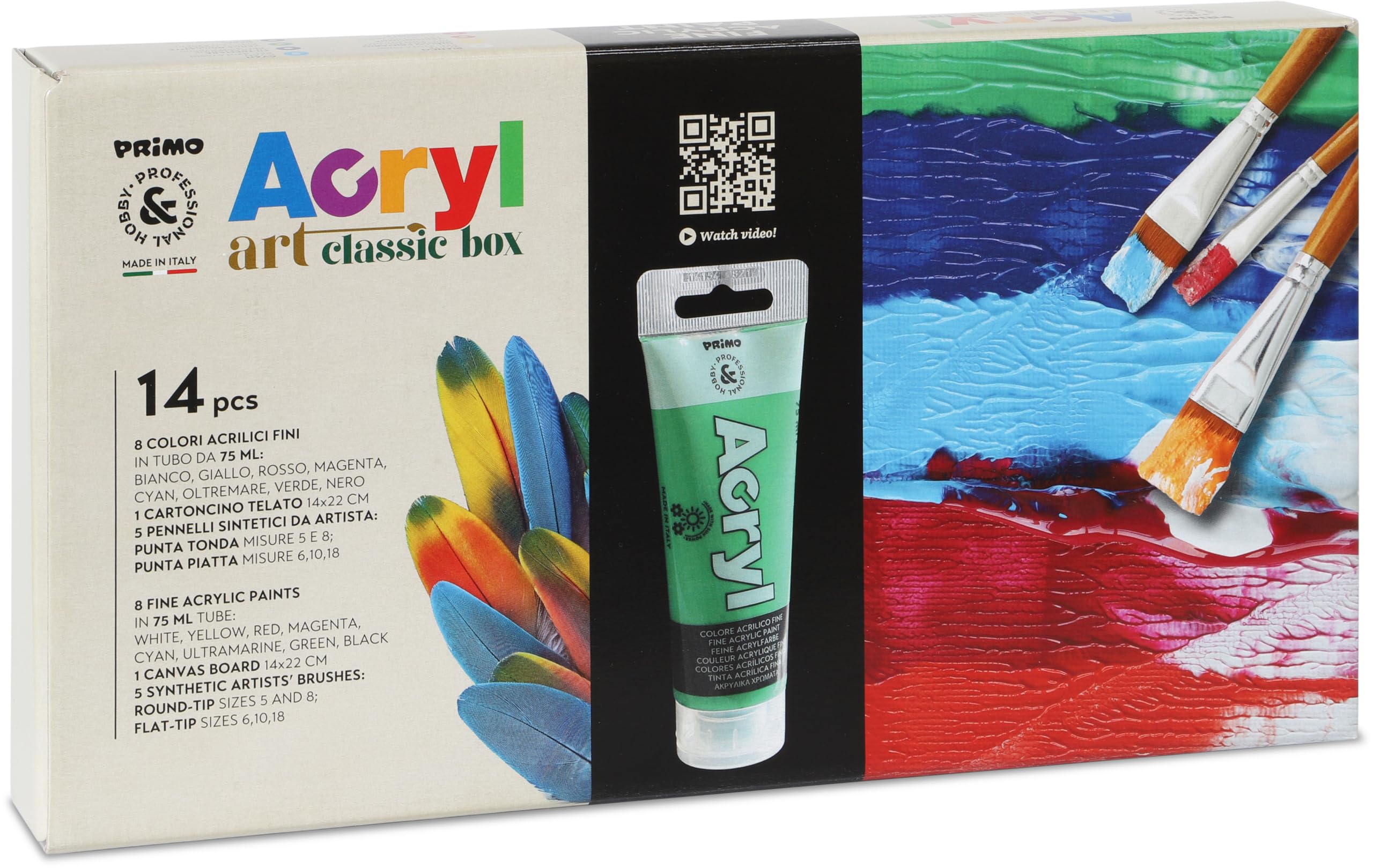 PRIMO Hobby & Professional - Coffret 15 Peintures Acryliques 75ml pour Artistes +14 Ans, 5 Pinceaux, 1 Pâte Structurante, 2 Cartons Toiles, Peintures pour Tissus, Travaux Créatifs et Papeterie