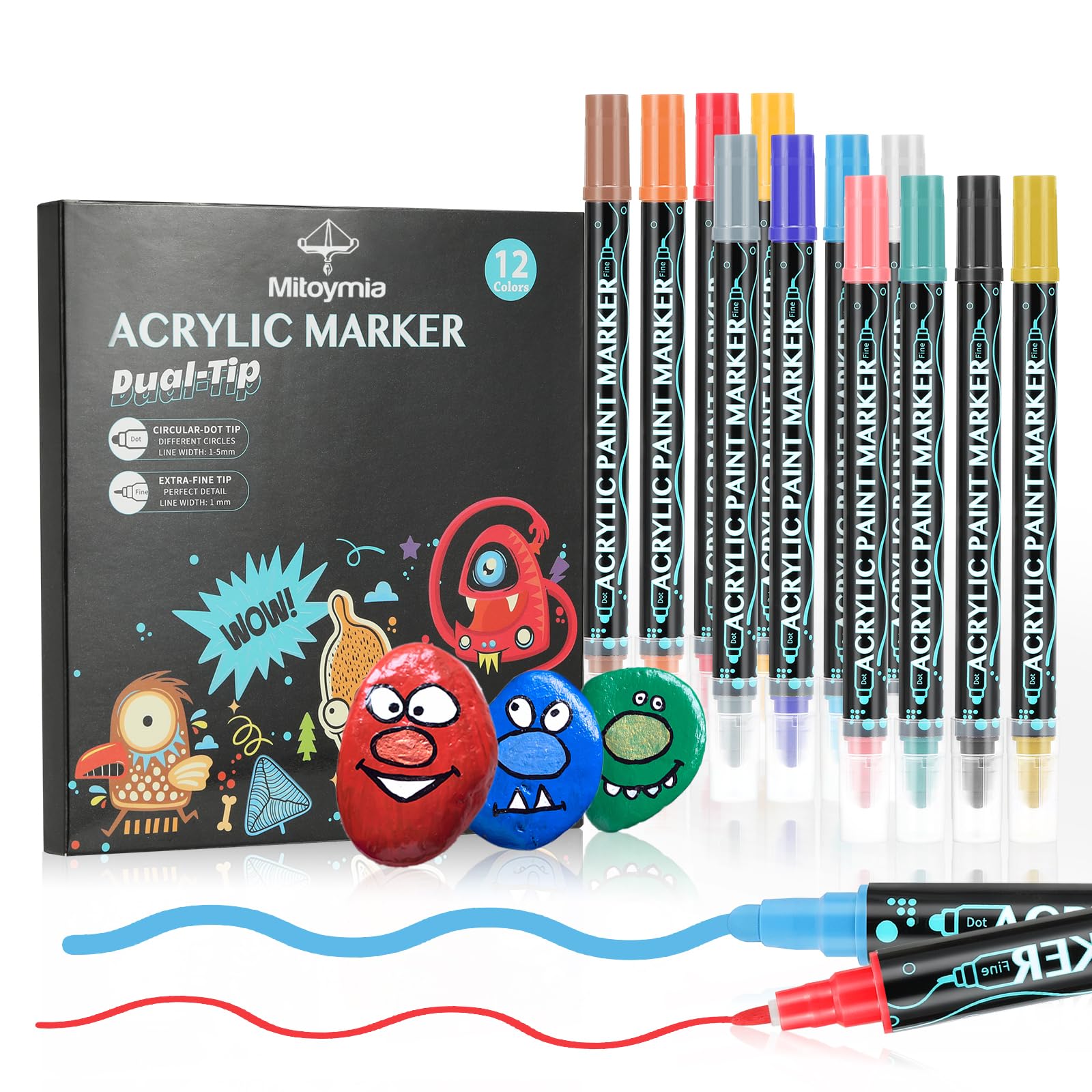 Mitoymia Rotuladores Acrilicos Permanentes Pincel 12 Colores-rotuladores tela Impermeabile Secado Lettering Rápido Marker Pen para DIY Cristal, Madera, Cerámica, piedras Doble Punta(1-2mm)