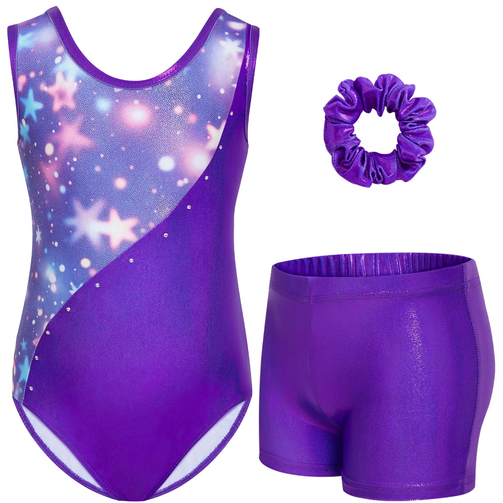 Gogokids Conjunto de gimnasia de tres piezas para niña, cuello en Y, sin mangas, con pantalones cortos y diadema, traje de gimnasia con diseño de bloques de color azul y morado, 3-12 años