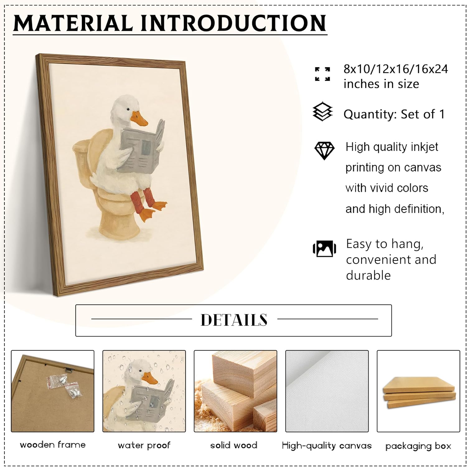 Framed Duck Bathroom Wall Art, Whimsical Duck Reading on Toilet, Funny Kids Bathroom Wall Decor, Vintage Farmhouse Toilet Decor, Cute Animal Canvas Print for kids Room 16x24 inch