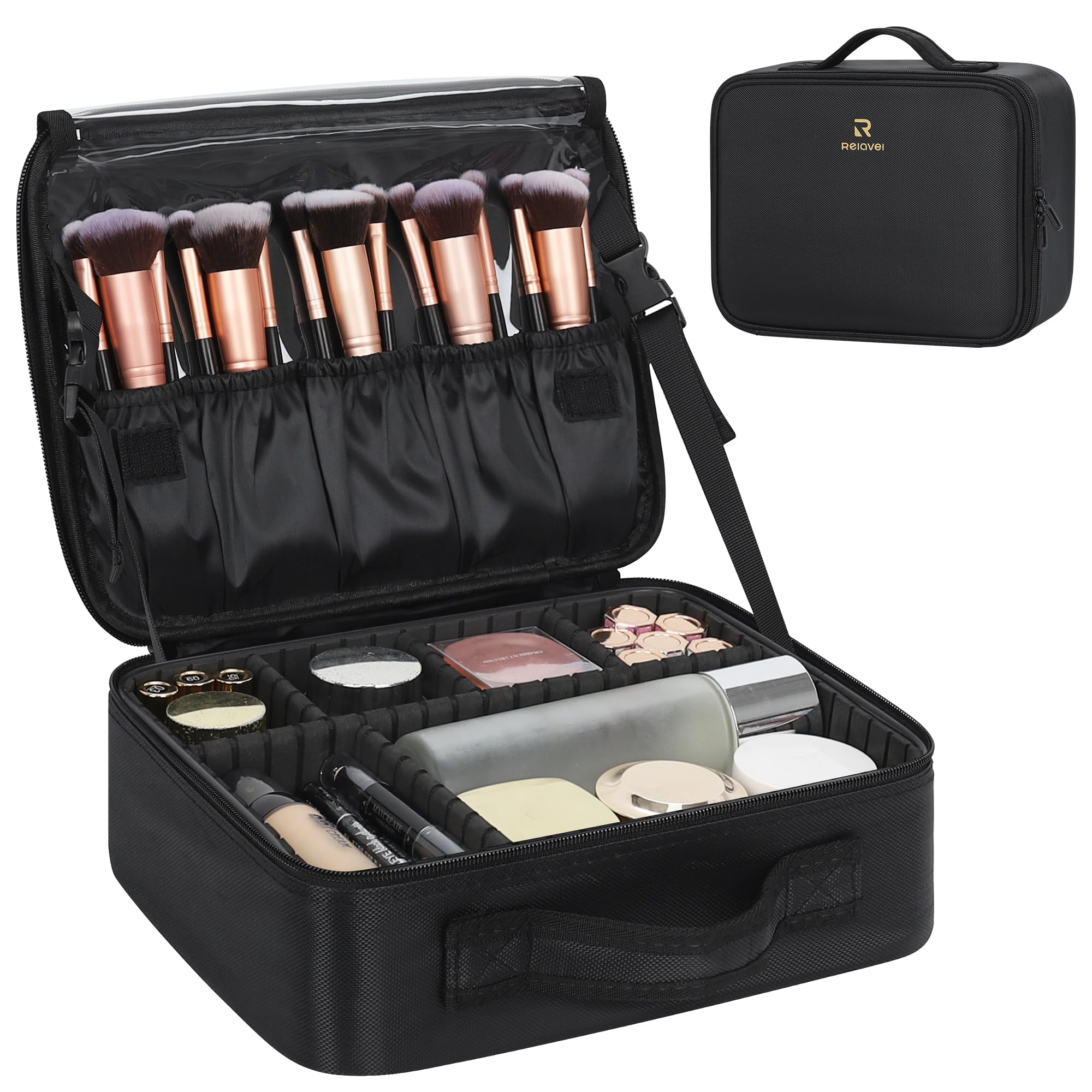 Relavel Makeup Bag Large Cosmetic Bag Travel Train Case Toiletry Bag for Women with Adjustable Dividers, Travel Essentials Organizer Case Storage Box for Skincare, Brushes, Black