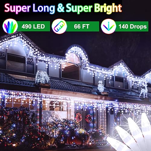 Miniatura 2 de Luces LED de Navidad de 66 pies con 140 gotas, luces colgantes para exteriores, 490 LED, 8 modos, guirnalda de luces para bodas, fiestas,