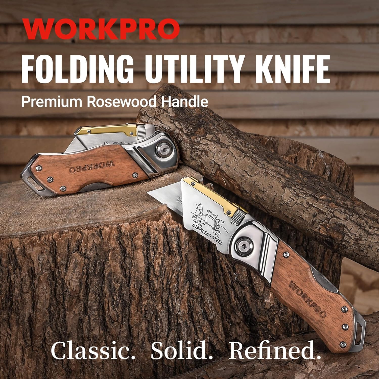 WORKPRO Folding Utility Knife with Belt Clip and Extra 10-piece Blades, Wood Handle Heavy Duty Cutter, Quick-change & Back Lock
