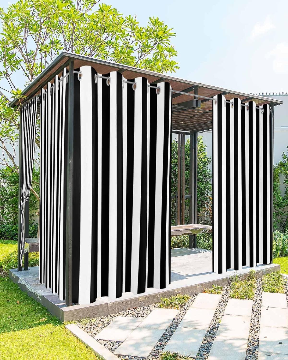 Outdoor Curtains for Patio Black and White Stripe Waterproof Privacy Outside Curtains Grommet Top Pergola Curtains for Porch Cabana Gazebo 2 Panels, 52 x 84 inch-image-49