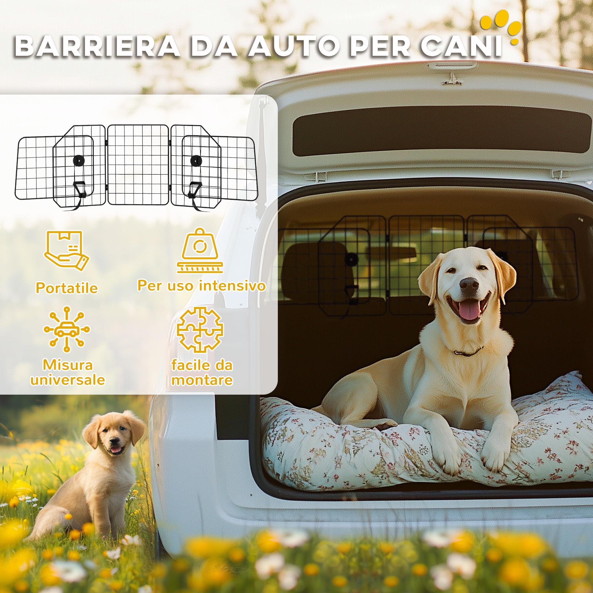 PawHut Griglia Divisoria Auto per Cani Universale, Barriera per Cani con Larghezza Regolabile e Pieghevole, 93-150x42cm, Nero