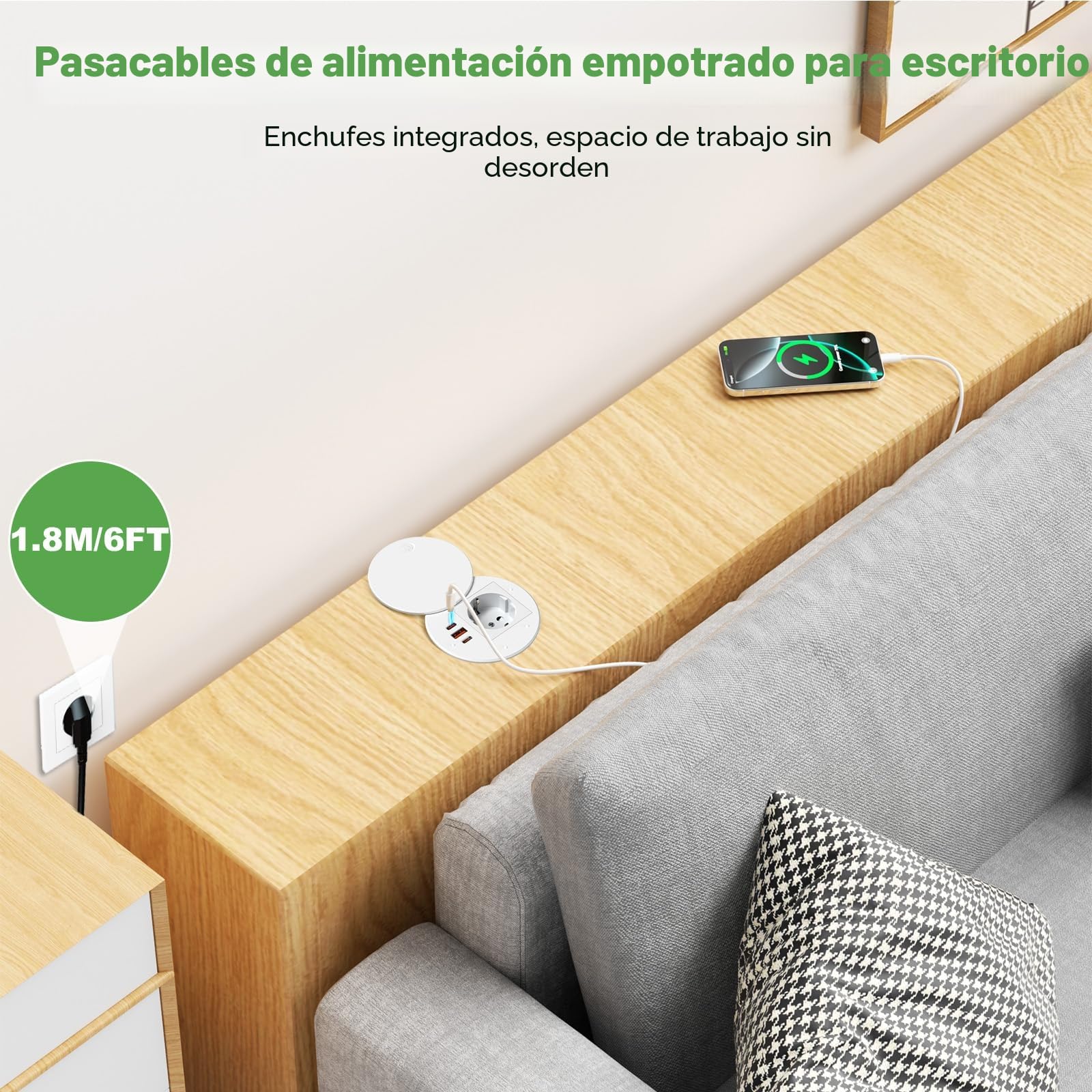 Enchufe Empotrable Mesa con USB C PD 35W, Regleta de Mesa con 3 USB y Tapa, Regleta Empotrable para Muebles o Superficies de Trabajo, Cable de 1,8 m, Blanco