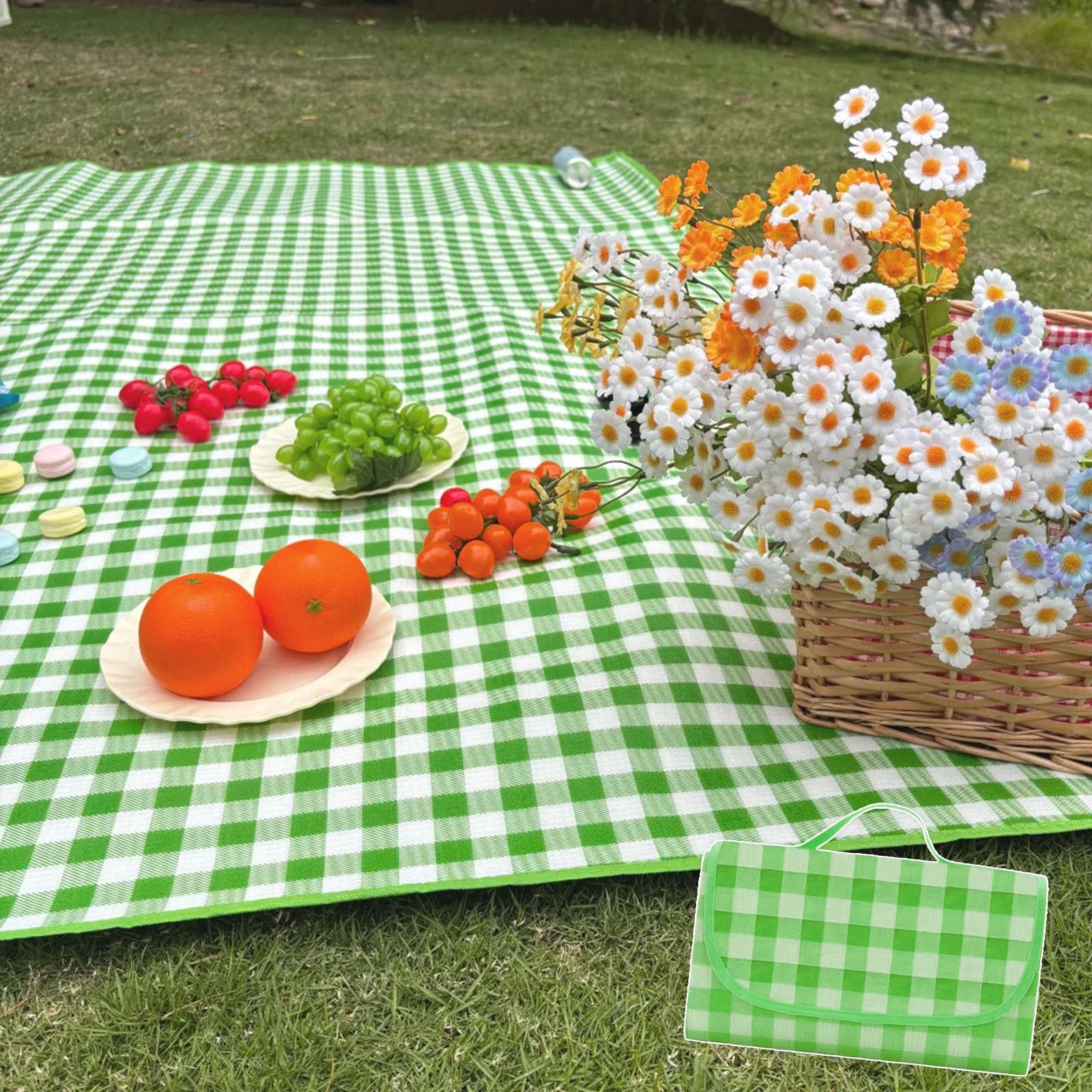 LEKUIYIN Picnic Blanket 200 * 200cm, Green Checkered Picnic Mat with Carrying Handle, Waterproof Outdoor Washable Large Picnic Blanket for Beach Garden Park Camping, 200×200cm