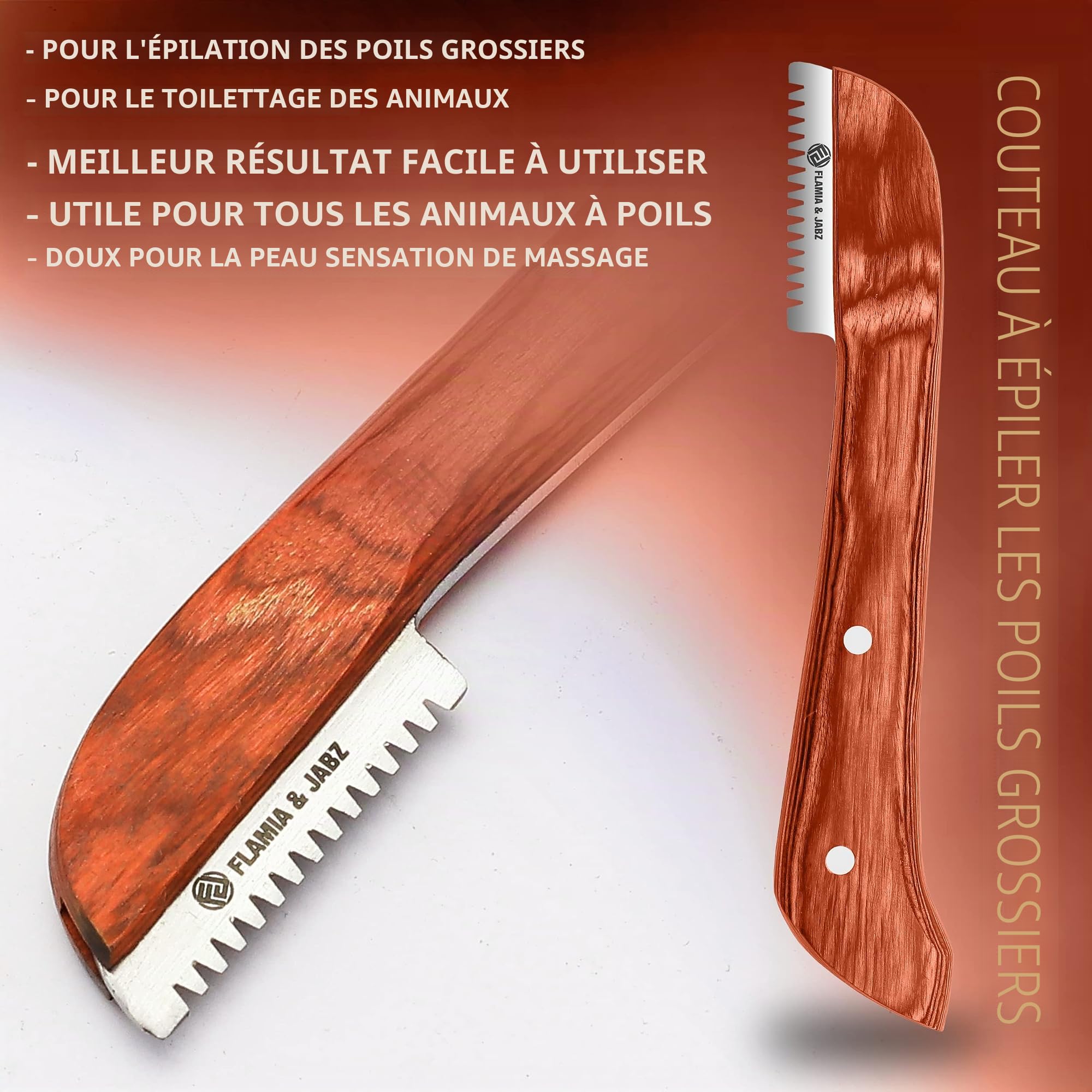FLAMIA & JABZ Kit Professionnel de 6 Couteaux à dénuder pour Chiens et Animaux domestiques, Manche en Bois avec Lame en Acier Inoxydable (droitier) (Orange)