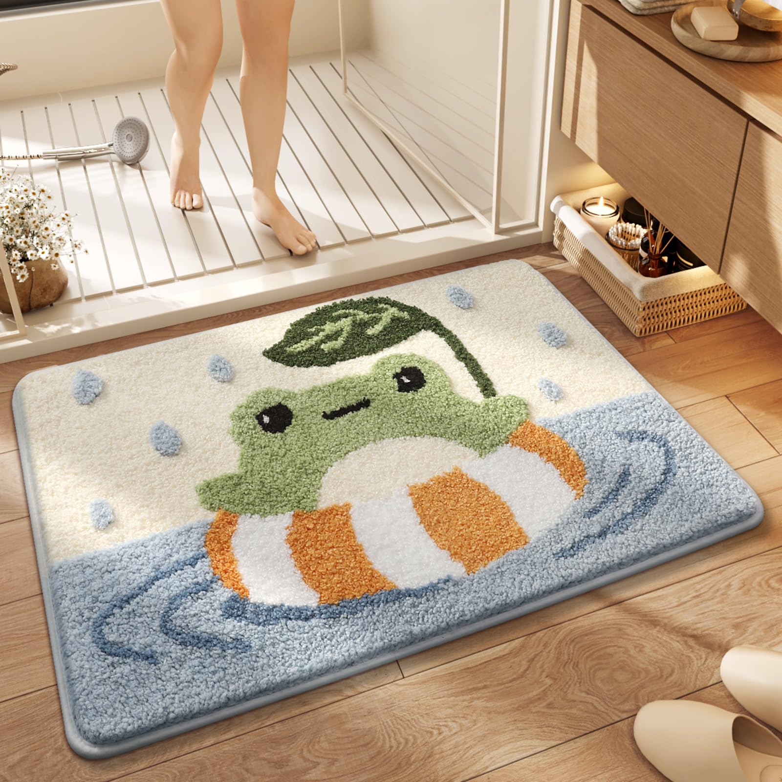 Ankah Bath Mat Cute Shower Rug, Luxury Shaggy High Absorbent and Anti Slip, Machine Washable Fit for Bathtub, Shower and Bath Room, 17.71"x 25.59", Pool Frog Pool Frog 1'6" x 2'2" (Rectangular)