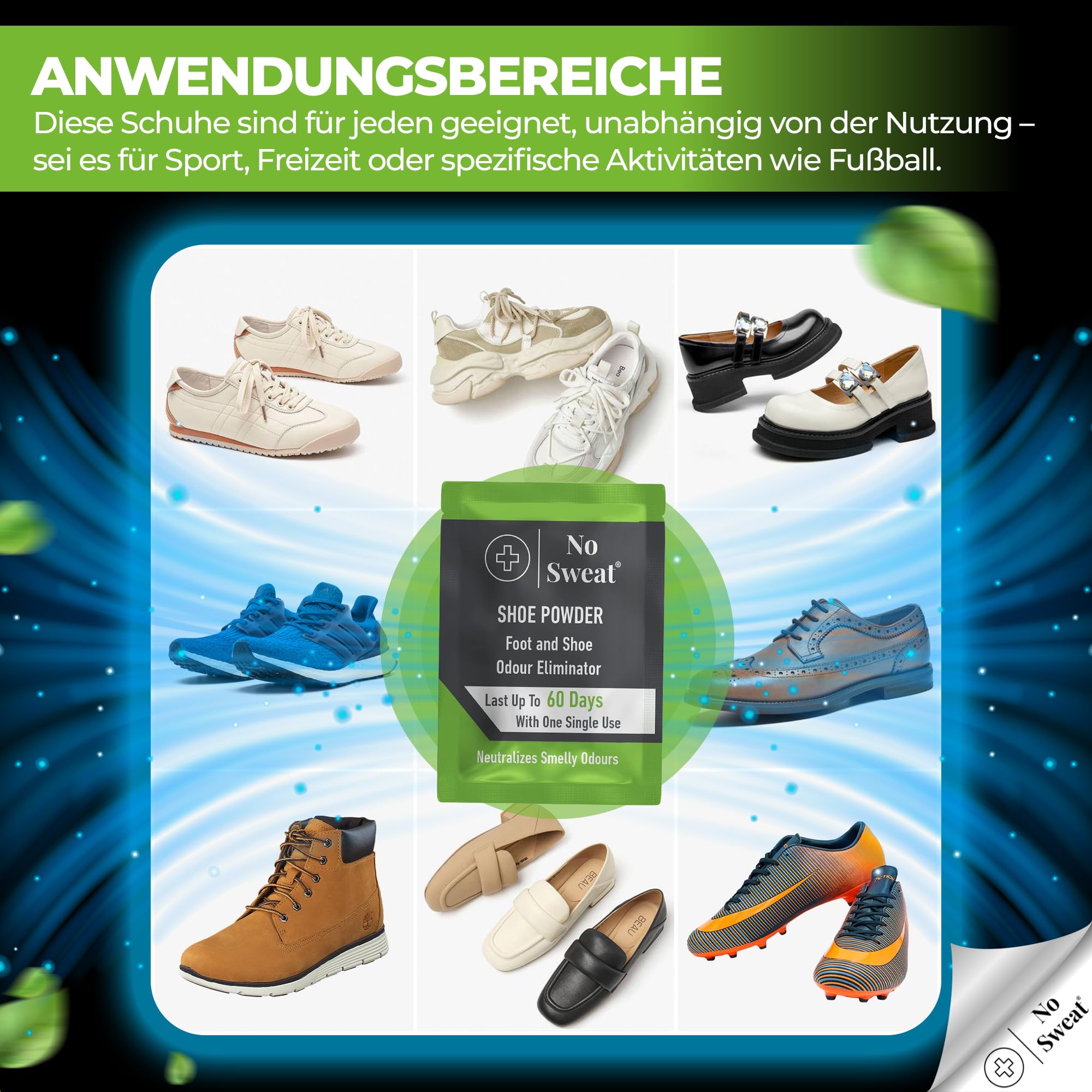 No Sweat Eliminador de olores para zapatos, forma de polvo, 10 unidades, ideal para neutralizar el olor de las botas de fútbol, en práctico set para hasta 60 días de frescura, controla la humedad