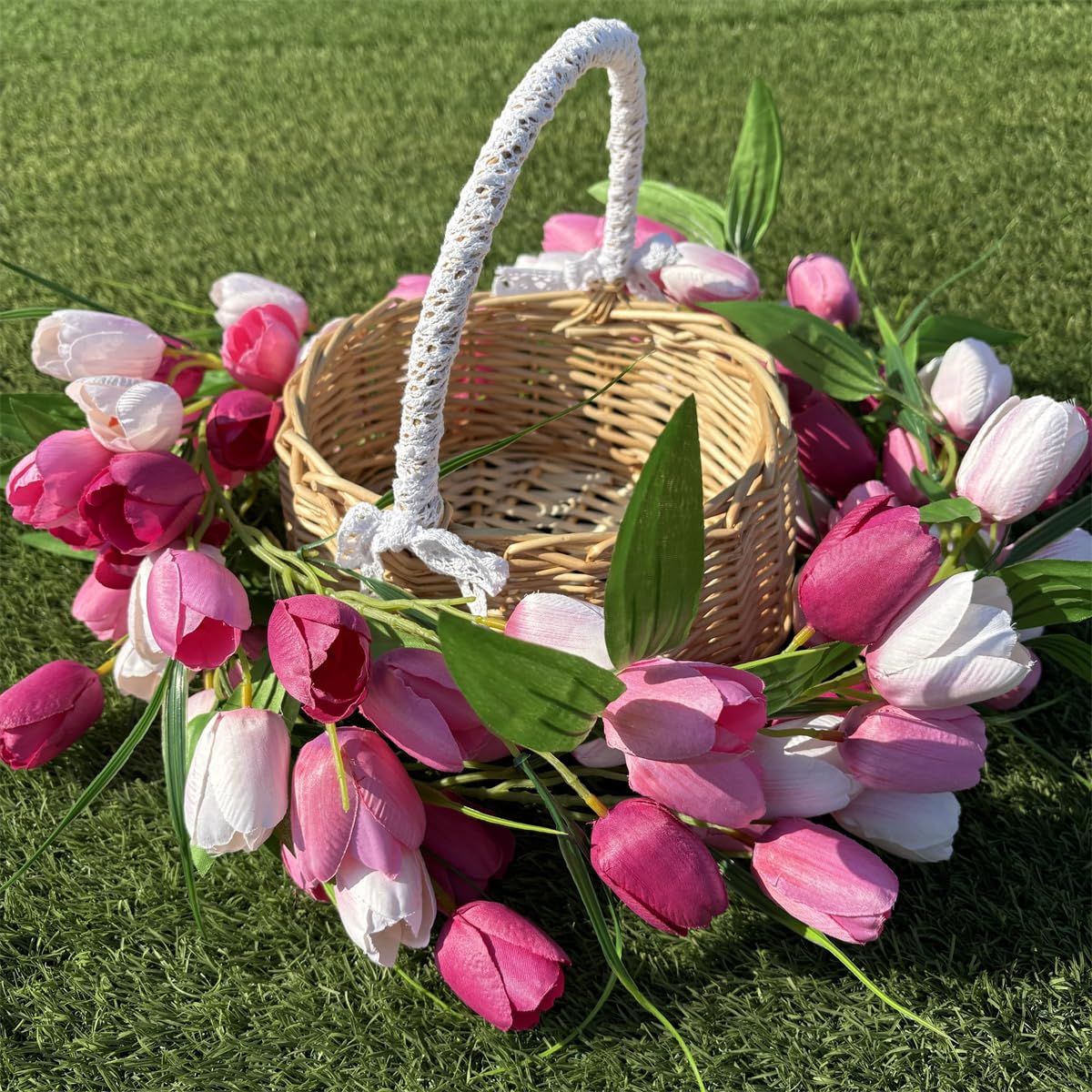 Künstliche Tulpengirlande, 1,8 m, Blumengirlande mit grünen Blättern, Kranz, Blumenranken zum Aufhängen, für Wand, Zuhause, Hochzeit, Innen- und Außenbereich, Dekoration, Valentinstag