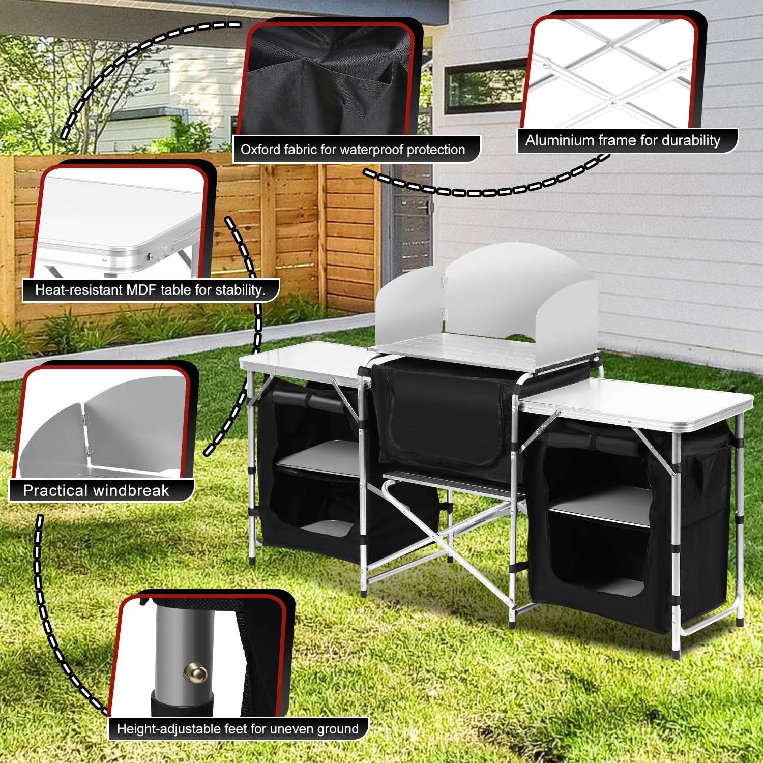 Campingküche Outdoor mit Alu-Gestell - Schnell aufbaubarer Faltschrank 600D - Inkl. Campingmöbel für Outdoor-Küche - Verschiedene Größen/Farben wählbar - Ideal für Camping & Outdoor-Aktivitäten