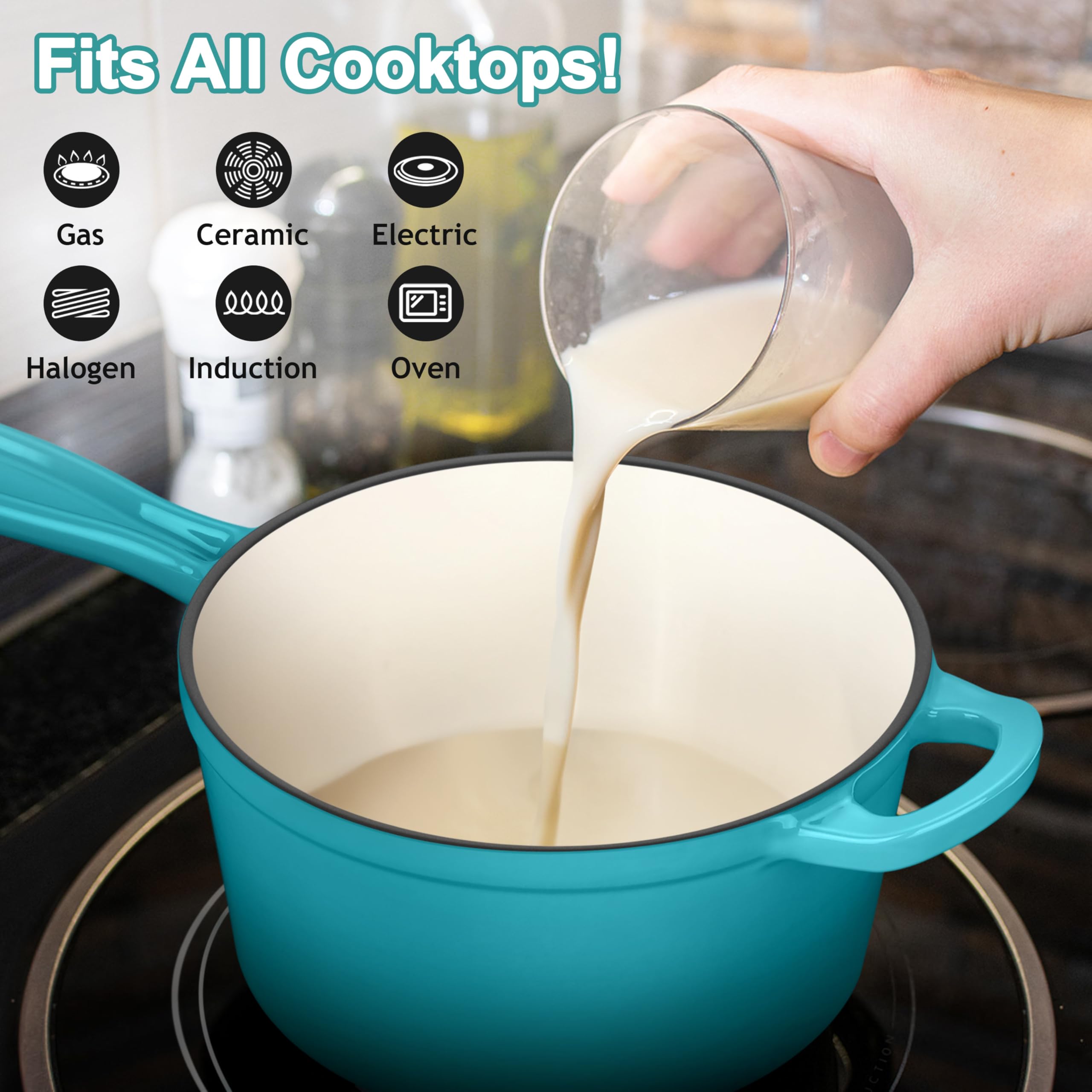 Leonyo - Sartén de hierro fundido esmaltado de 3 cuartos con tapa, olla grande de hierro fundido holandés, utensilios de cocina para todas las cocinas, pasta, sopa, leche, hasta 260.0 °C y 8 bs, verde