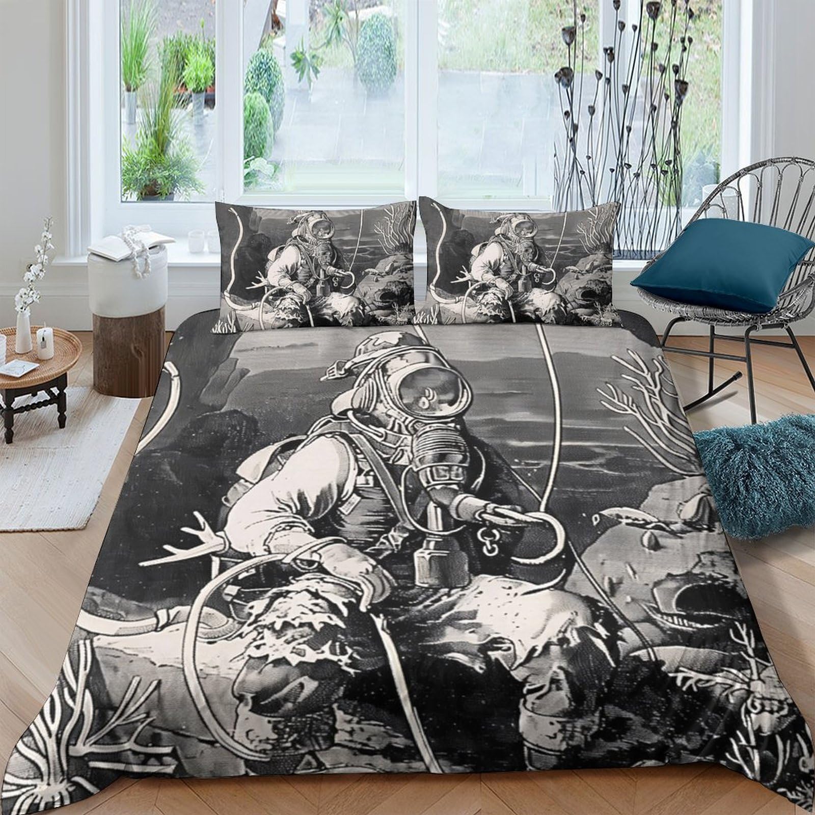 GPLZQXKJNH 3D Printed Viking Warrior Duvet Cover Microfiber Breathable Nordic Wolf Bedding Set with 2 Pillowcases for Bedroom Single（135x200cm）
