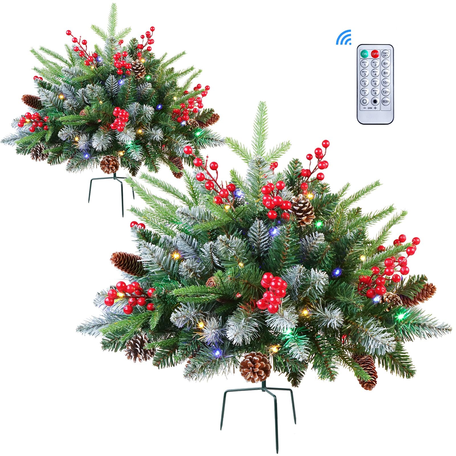 set of 2 18 inch lighted outdoor christmas tree with remote, timer, multi-color lights, battery operated pre-lit pathway urn filler, christmas porch decorations for home, porch & yard