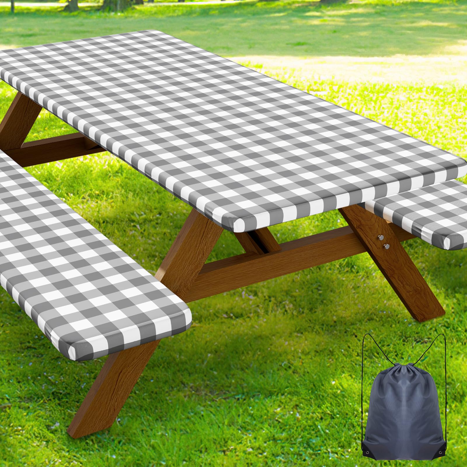 Smiry Picnic Table Cover with Bench Covers, Waterproof Elastic Fitted Tablecloths for 8 Foot Rectangle Tables, Washable Buffalo Plaid Tablecloth for Camping, Outdoor (Grey & White, 30"x96")