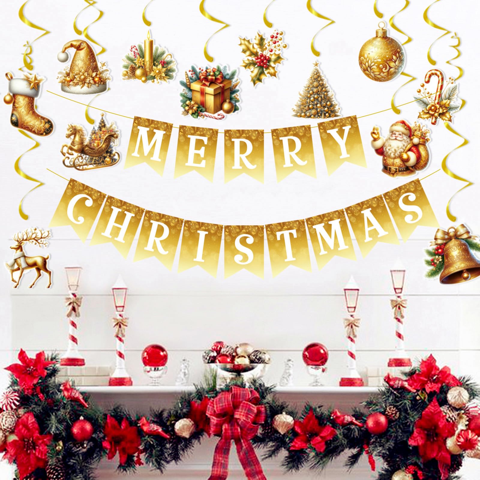 Christmas Decoration With Merry Bunting Banners, 12pcs Hanging Foil Streamers Swirls for Ceiling Winter Holiday - Image 2