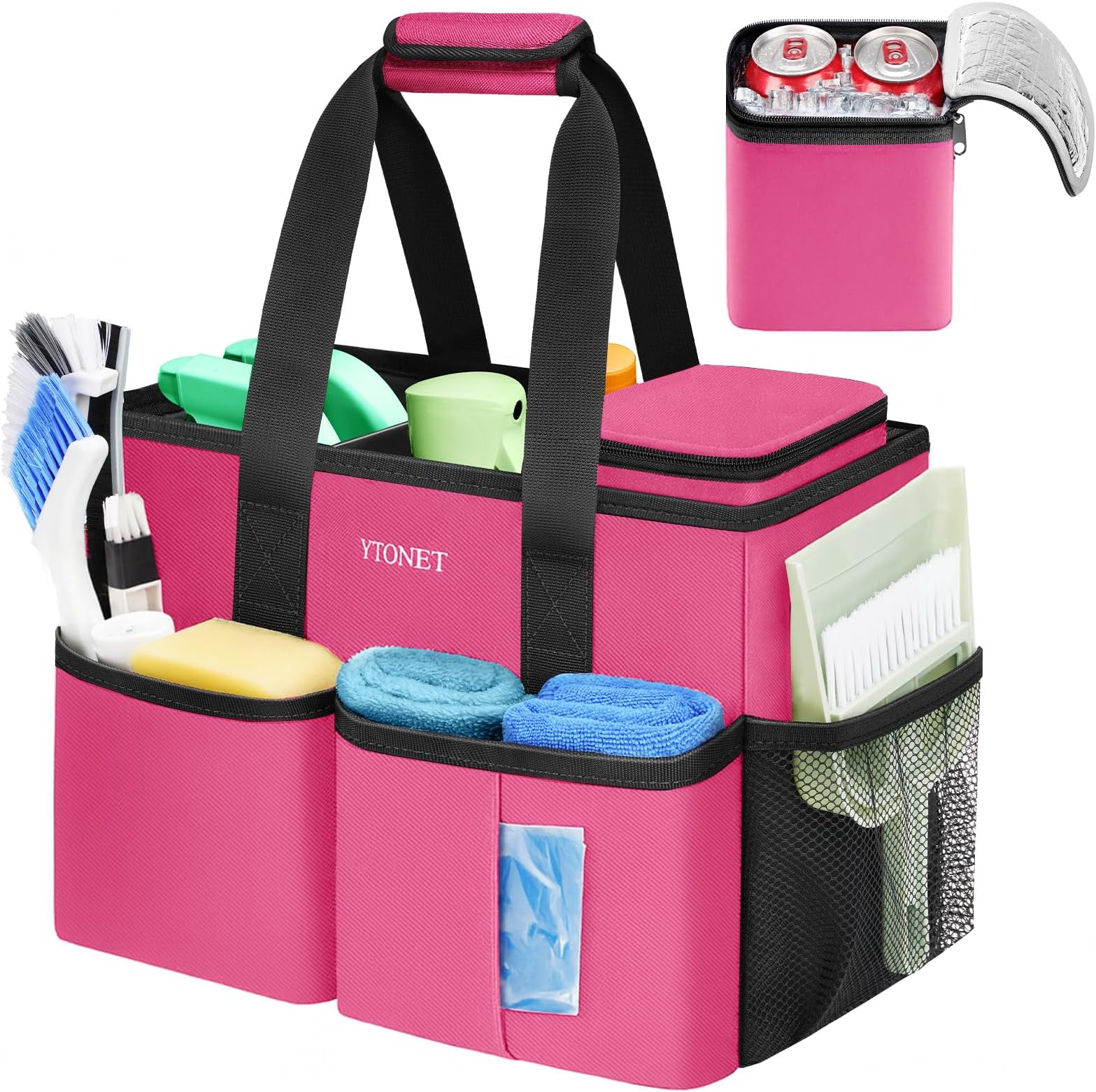 Ytonet Cleaning Caddy, Water Resistant Cleaning Supplies Organizer with Handle & Foldable Divider for Cleaners, Housekeeping Tote for Kitchen & Bathroom, Car Tool Caddy Organizer Bag, Rosered