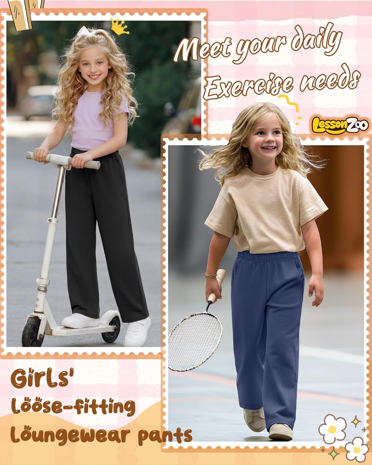 3 Pack Girls Wide Leg Sweatpants Kids Lightweight Joggers Open Bottom Baggy Lounge Pants Athletic with Pockets - Image 3