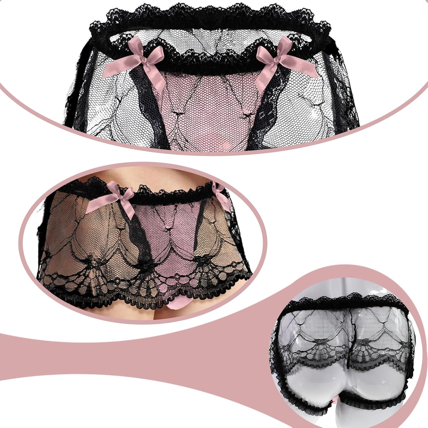 Men's Lace Briefs with Pouch, Floral Underwear with Bow Details